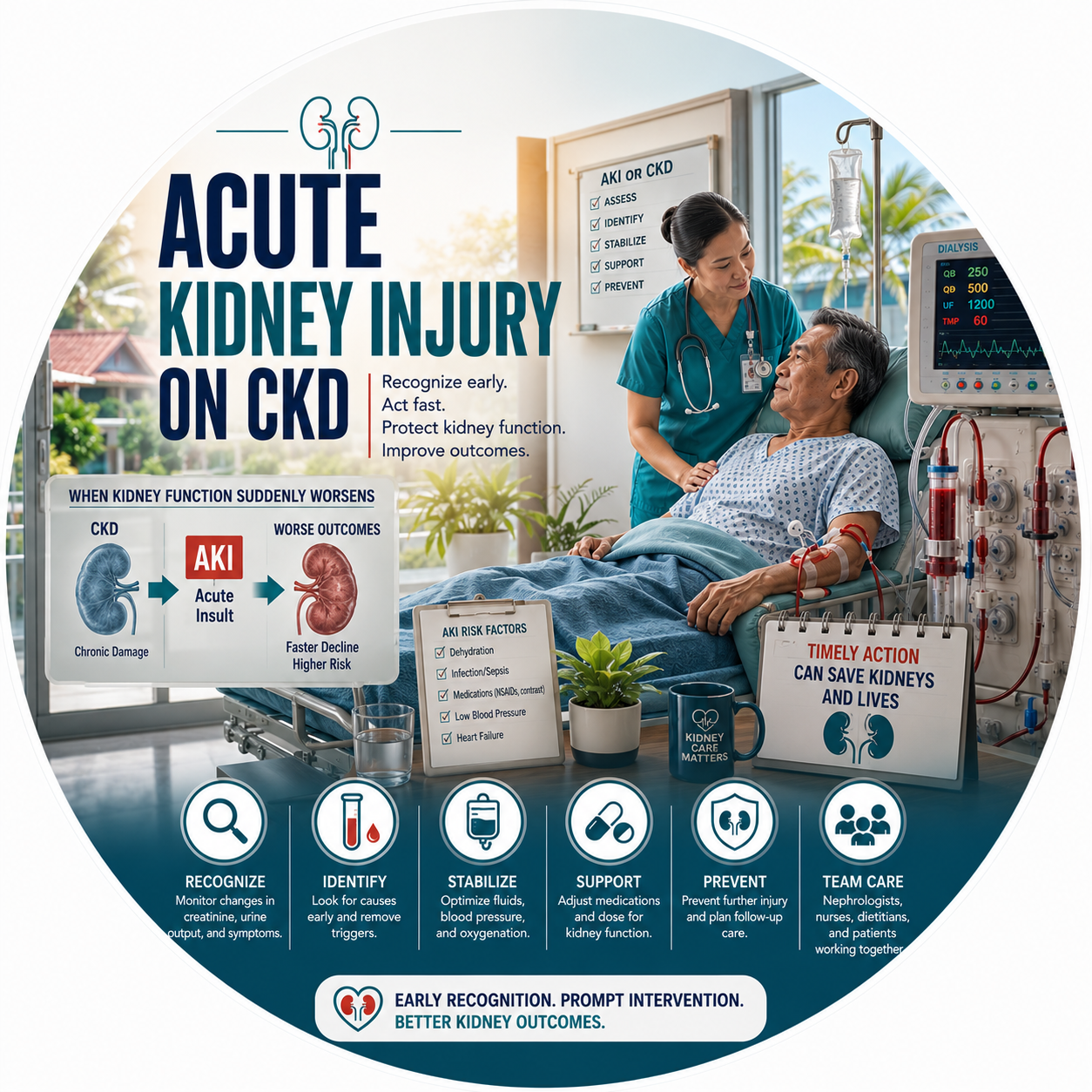 Circular vignette hero illustration for the AKI-on-CKD guide.