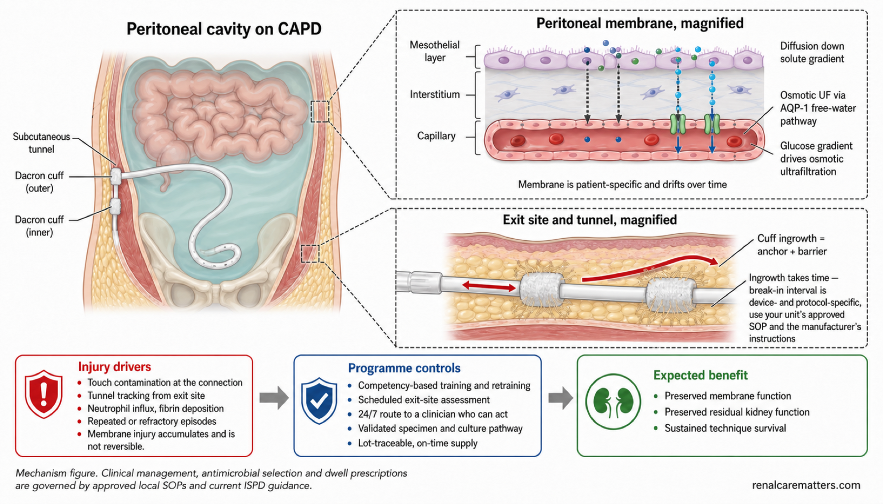 Review-article style mechanism schematic. Left panel shows a simplified abdominal cross-section with the peritoneal cavity filled with dialysate and a peritoneal dialysis catheter entering through the abdominal wall along a cuffed tunnel. A dashed inset magnifies the peritoneal membrane, showing the mesothelial layer over a capillary, with small-solute diffusion across small pores and free-water movement through aquaporin channels driven by the glucose gradient. A second dashed inset magnifies the catheter exit site and tunnel, showing fibrous tissue ingrowth into the Dacron cuff as the barrier against organisms tracking inward. A bottom flow runs from an injury box listing touch contamination, tunnel tracking, repeated peritonitis, mesothelial injury and fibrin deposition, through a programme-control box listing competency-based training, exit-site surveillance, rapid specimen and culture pathway, and lot-traceable supply, to a benefit box listing preserved membrane function, preserved residual kidney function, and sustained technique survival.