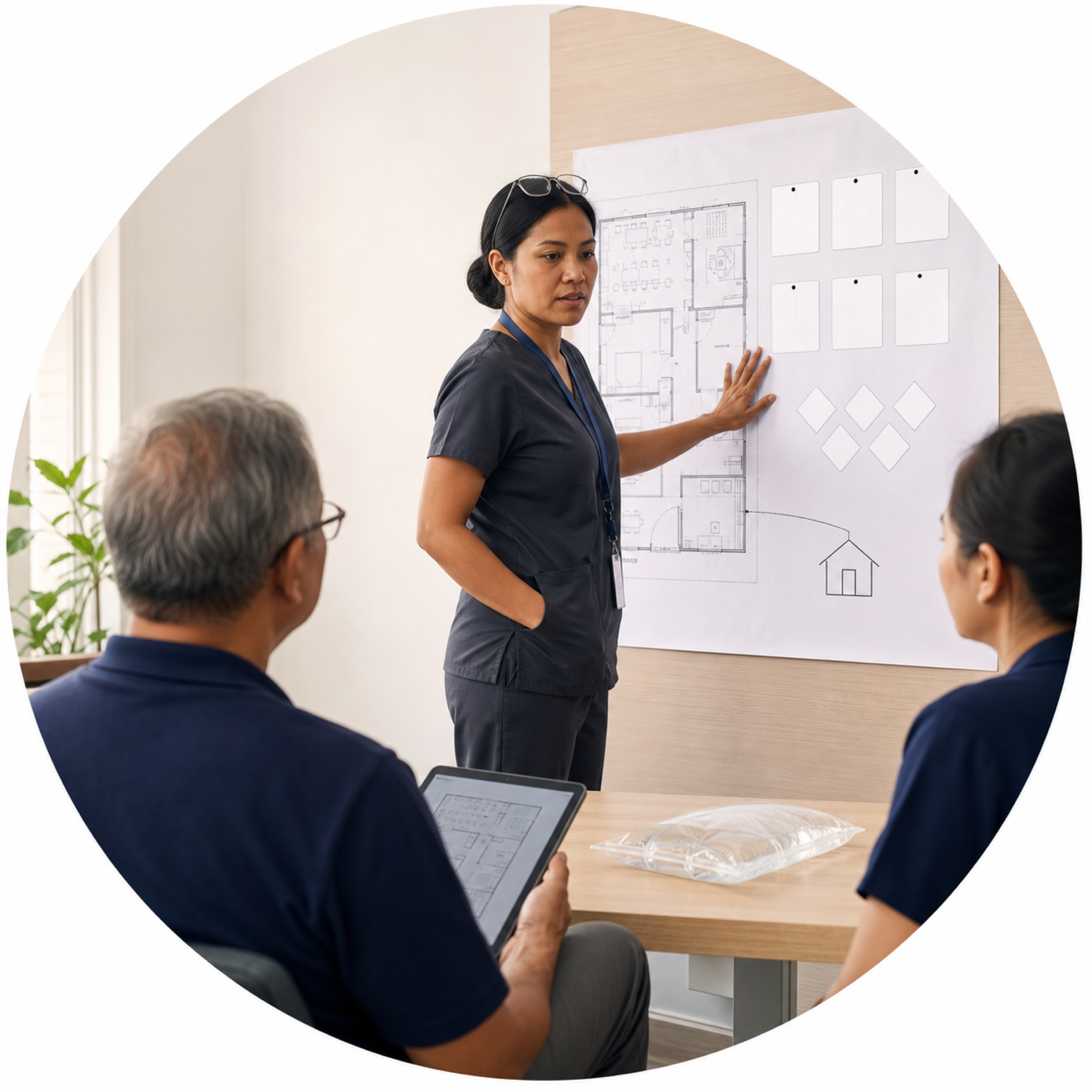 Circular vignette hero — three Filipino health-service professionals in a bright meeting room of a dialysis centre. A nurse in charcoal scrubs stands at a wall-mounted planning sheet showing a clinic floor plan, a row of blank phase cards and checkpoint diamonds, and a dotted route running to a small house symbol. A colleague listens from the foreground with a tablet, and a sealed peritoneal dialysis solution bag rests on the table.