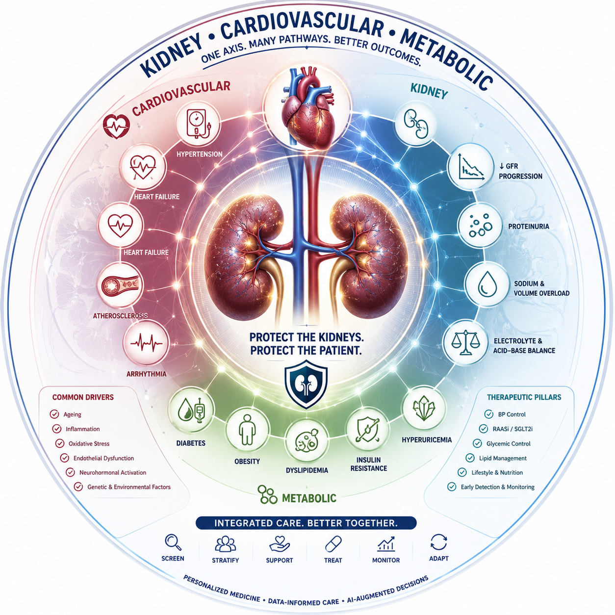 Minimal monoline medical sigil illustration with three stylised organs forming an equilateral triangle: a pancreas glyph at top centre, a heart at lower left, and a pair of kidneys at lower right. Each pair of organs is connected by soft dotted curved arrows forming a continuous bidirectional triangular loop, conveying continuous crosstalk rather than one-way causation. Clean white background, soft teal-blue palette, no text labels.