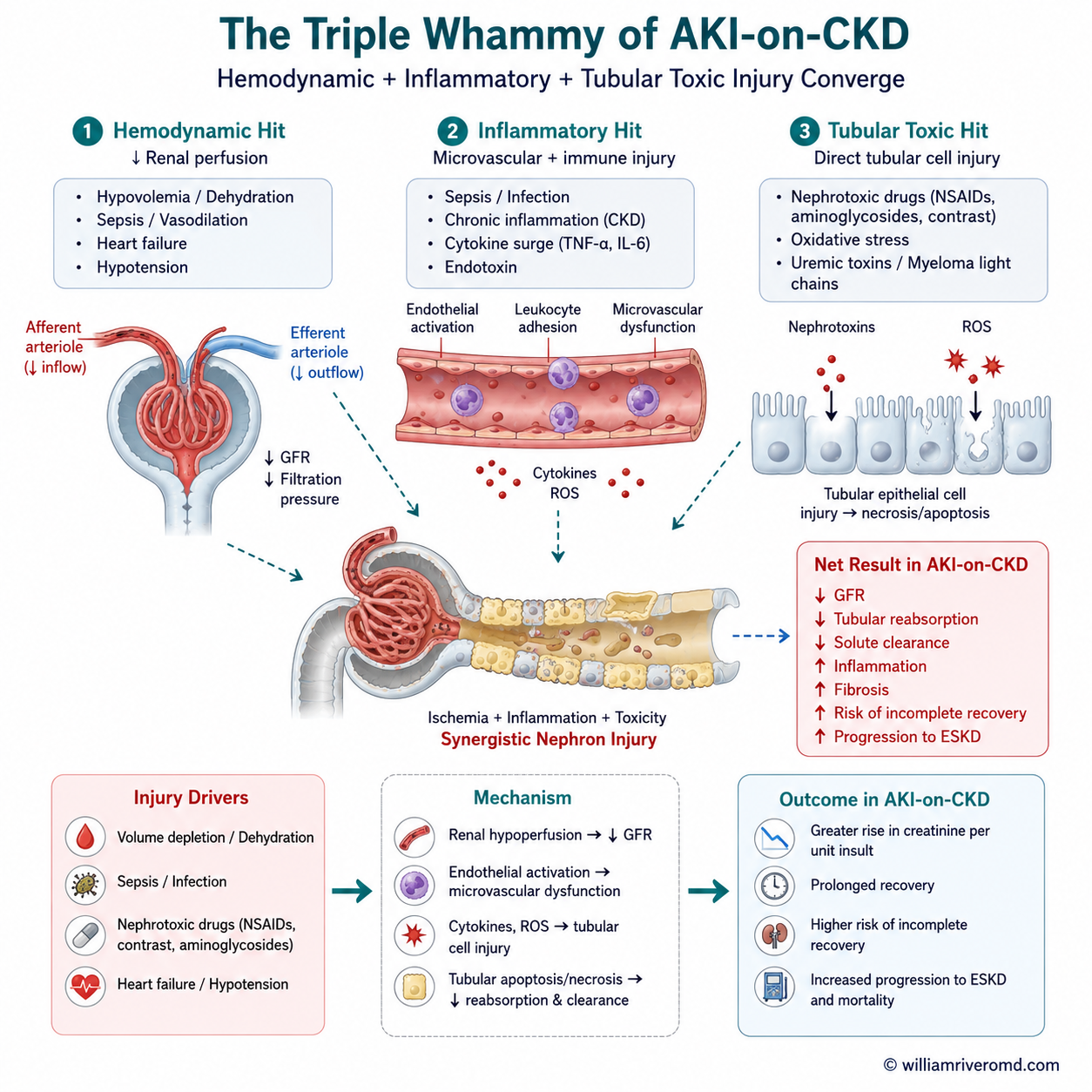 AKI causes classification — pre-renal, intrarenal, post-renal with Triple Whammy warning: ACE/ARB plus diuretic plus dehydration
