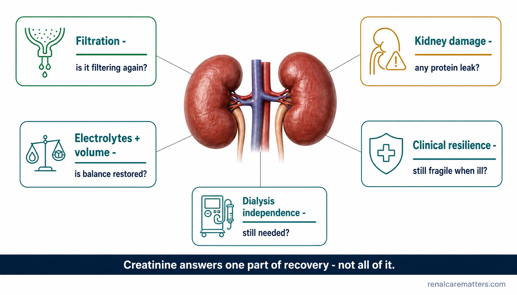A central kidney surrounded by five recovery-domain cards: filtration, kidney damage, balance and volume, resilience, and dialysis independence.