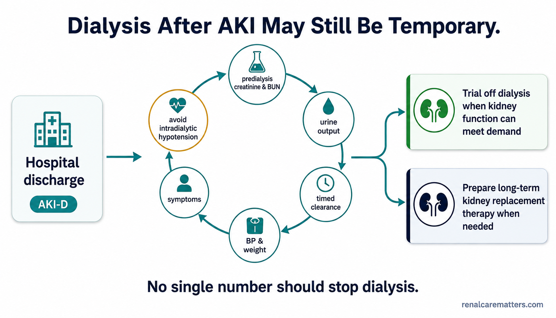 Left-to-right schematic: AKI-requiring-dialysis discharge, a weekly recovery-monitoring loop, then two clinician-led destinations - trial off dialysis or prepare long-term therapy.