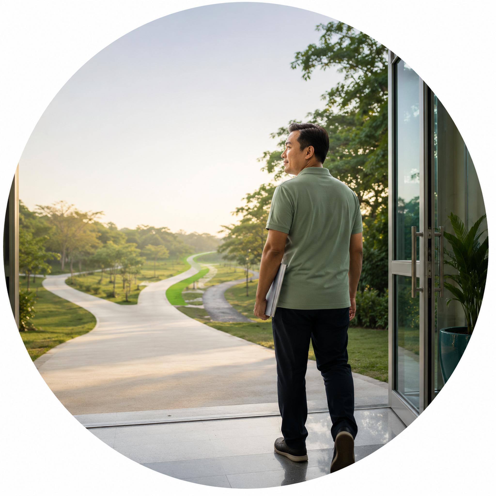 A recovering patient walking out of a hospital doorway onto a 90-day path branching toward recovery, AKD, and CKD — the AKI recovery journey.