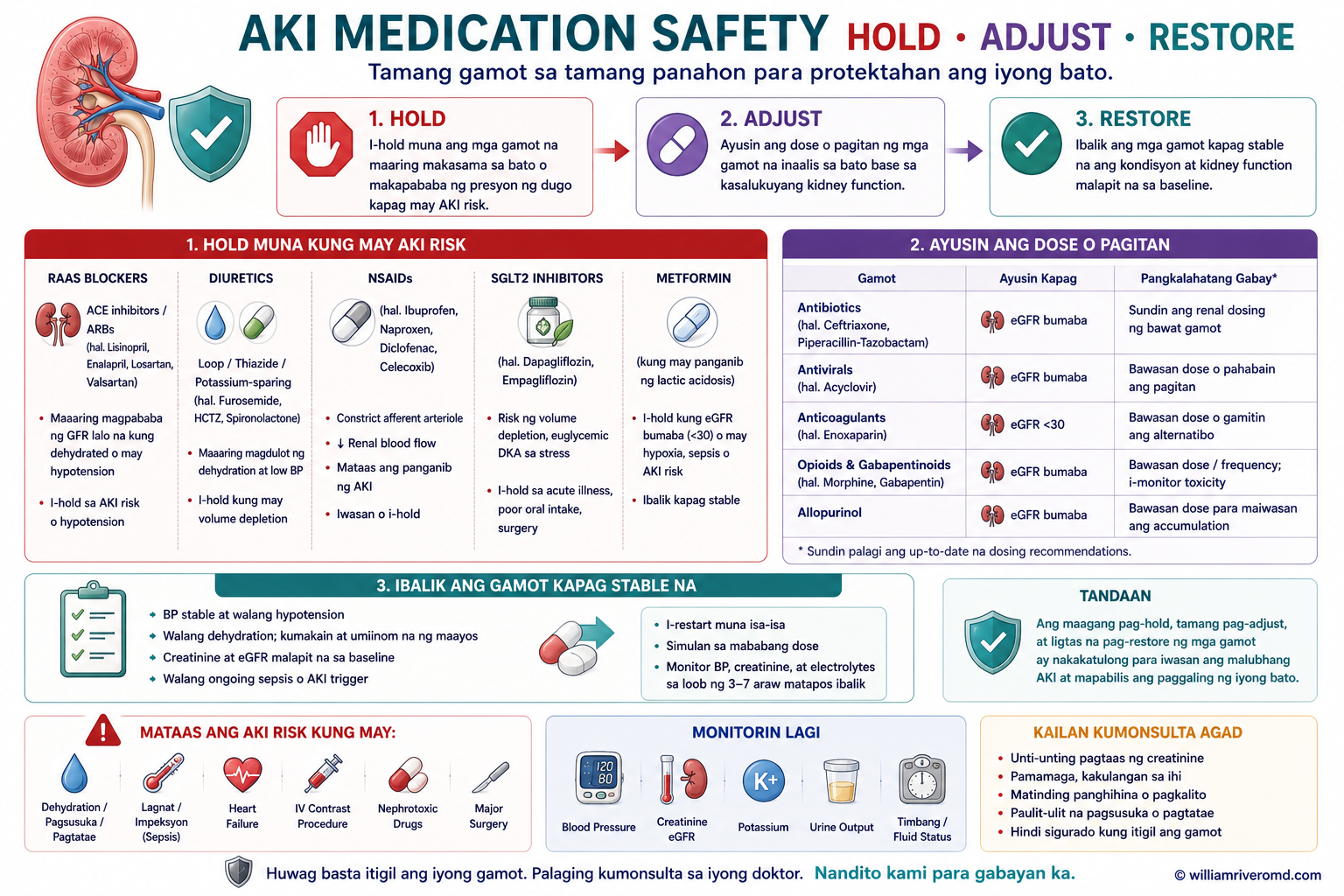 Medication Safety During AKI-on-CKD — two-column chart showing drugs to stop immediately (NSAIDs, metformin, ACE/ARB, SGLT2i, LMWH) versus drugs requiring dose adjustment (gentamicin, furosemide, digoxin, insulin)