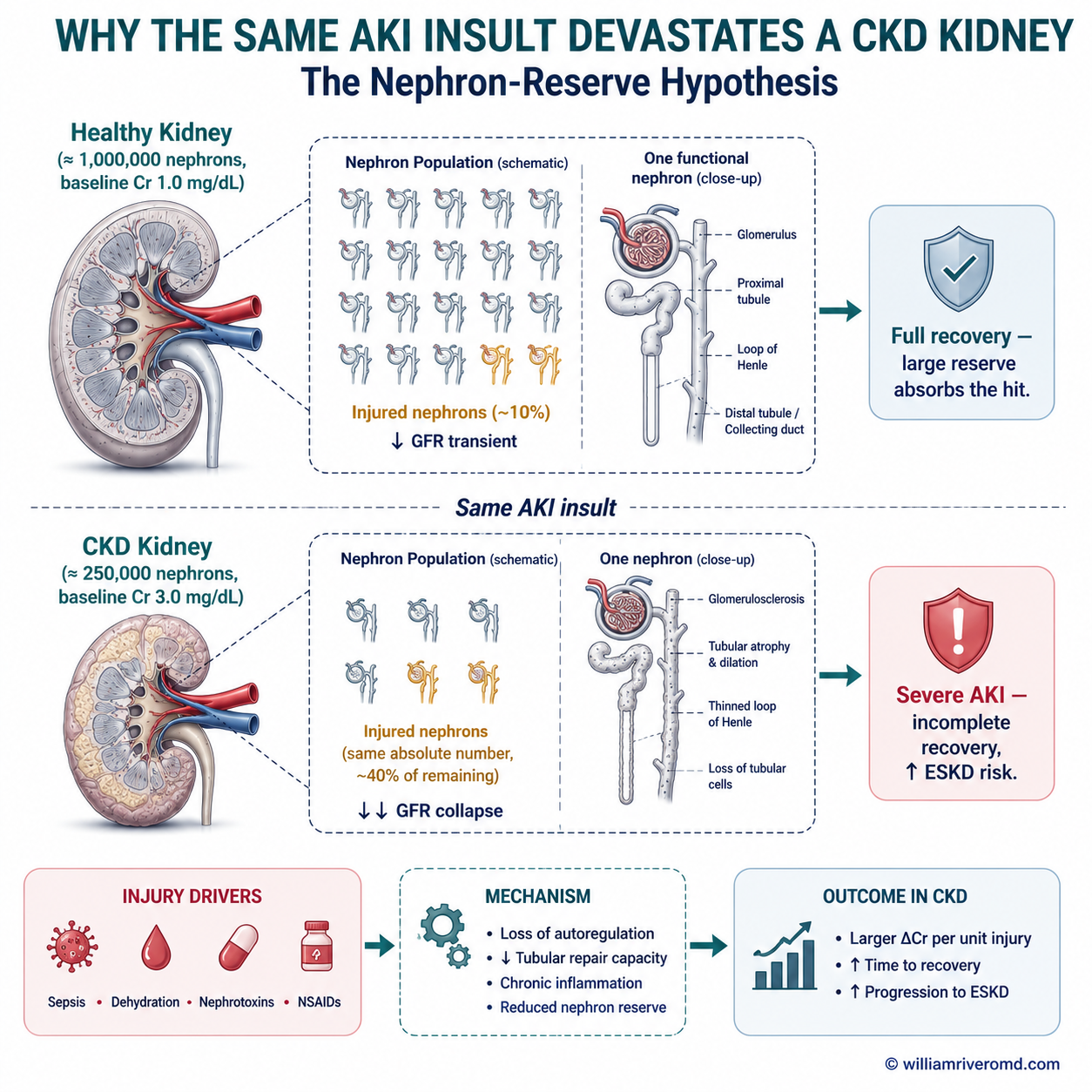 AKI on CKD comparison — same insult causes catastrophically greater damage in CKD kidney with reduced functional reserve versus healthy kidney
