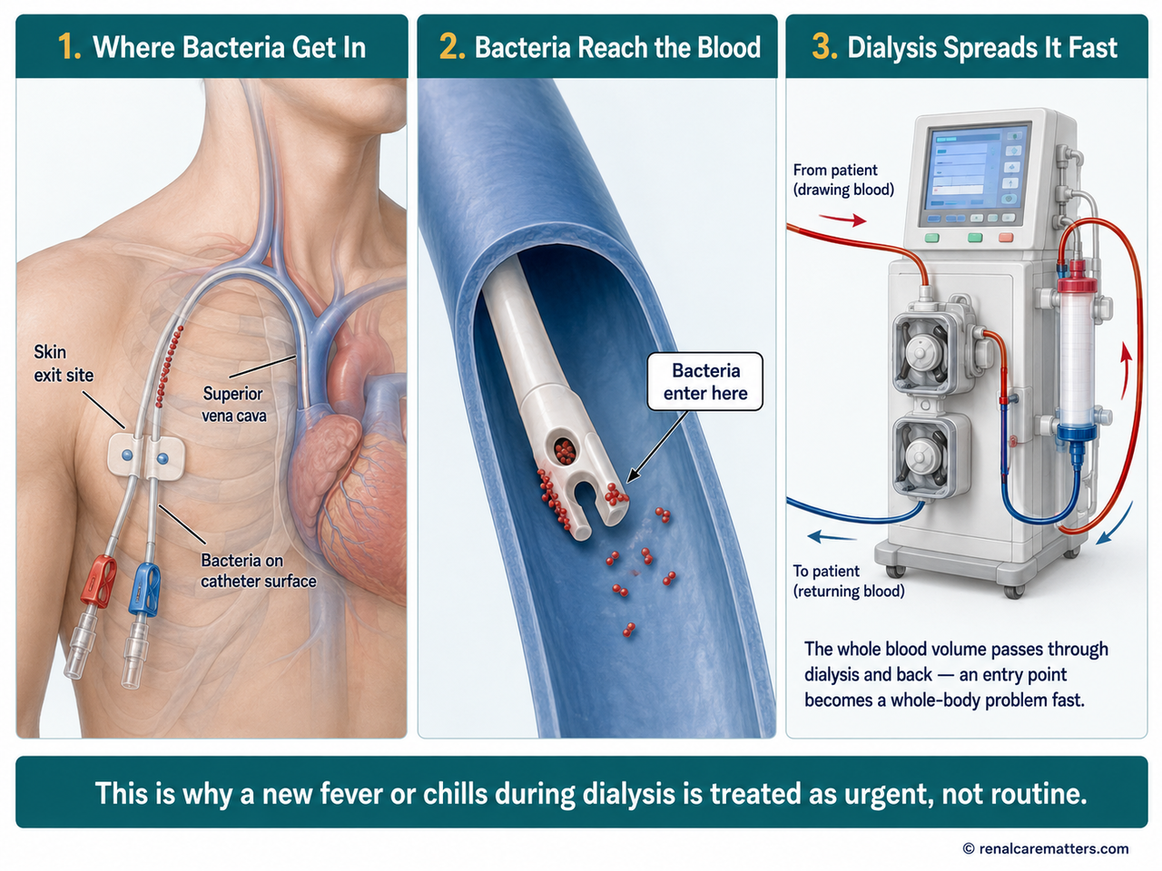 Three-panel diagram showing how bacteria on a dialysis catheter reach the bloodstream and are circulated by dialysis