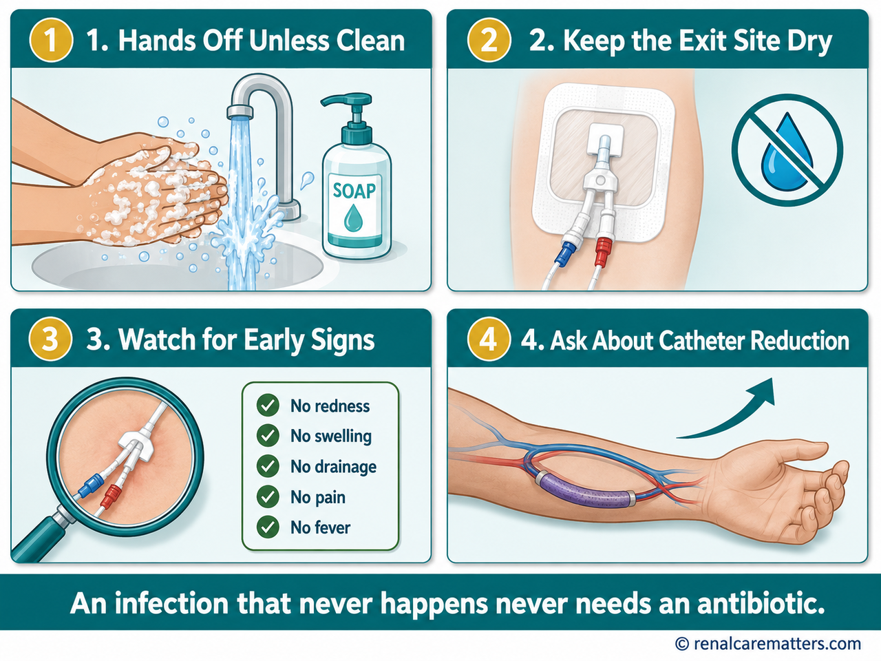 Four-panel chart of daily habits that protect a dialysis catheter, fistula, or graft from infection
