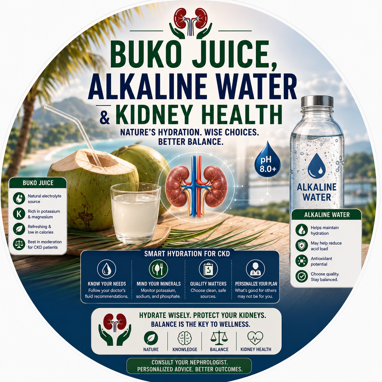 Circular vignette hero illustration for the buko juice and alkaline water CKD guide.