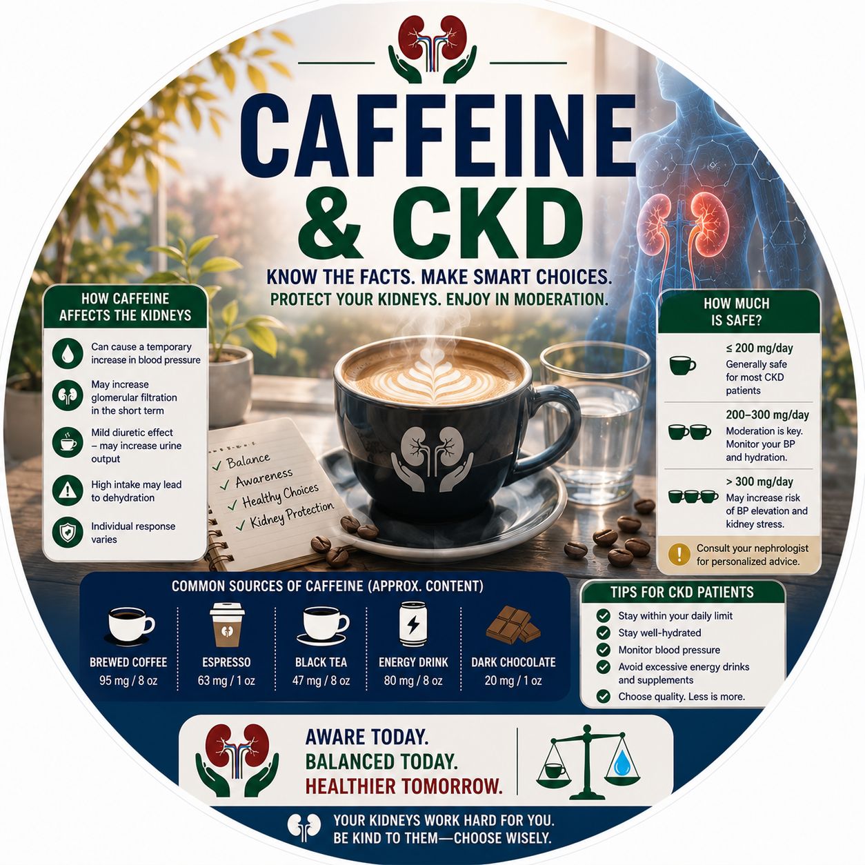 Circular vignette hero illustration for the caffeine and CKD guide.