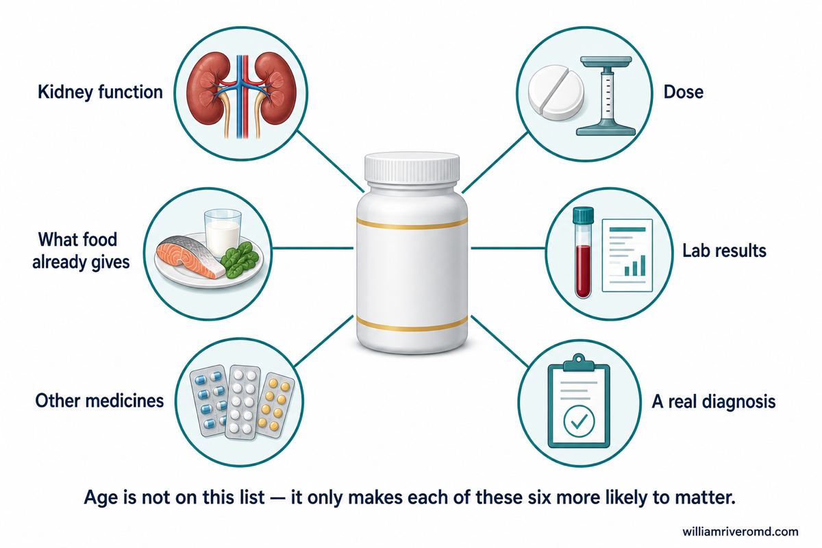 Six risk factors arranged around a central supplement bottle: kidney function, dose, diet, laboratory results, medicines, and diagnosis