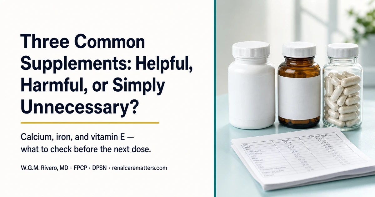 Calcium, iron and vitamin E supplement bottles beside a laboratory request form and a medication list
