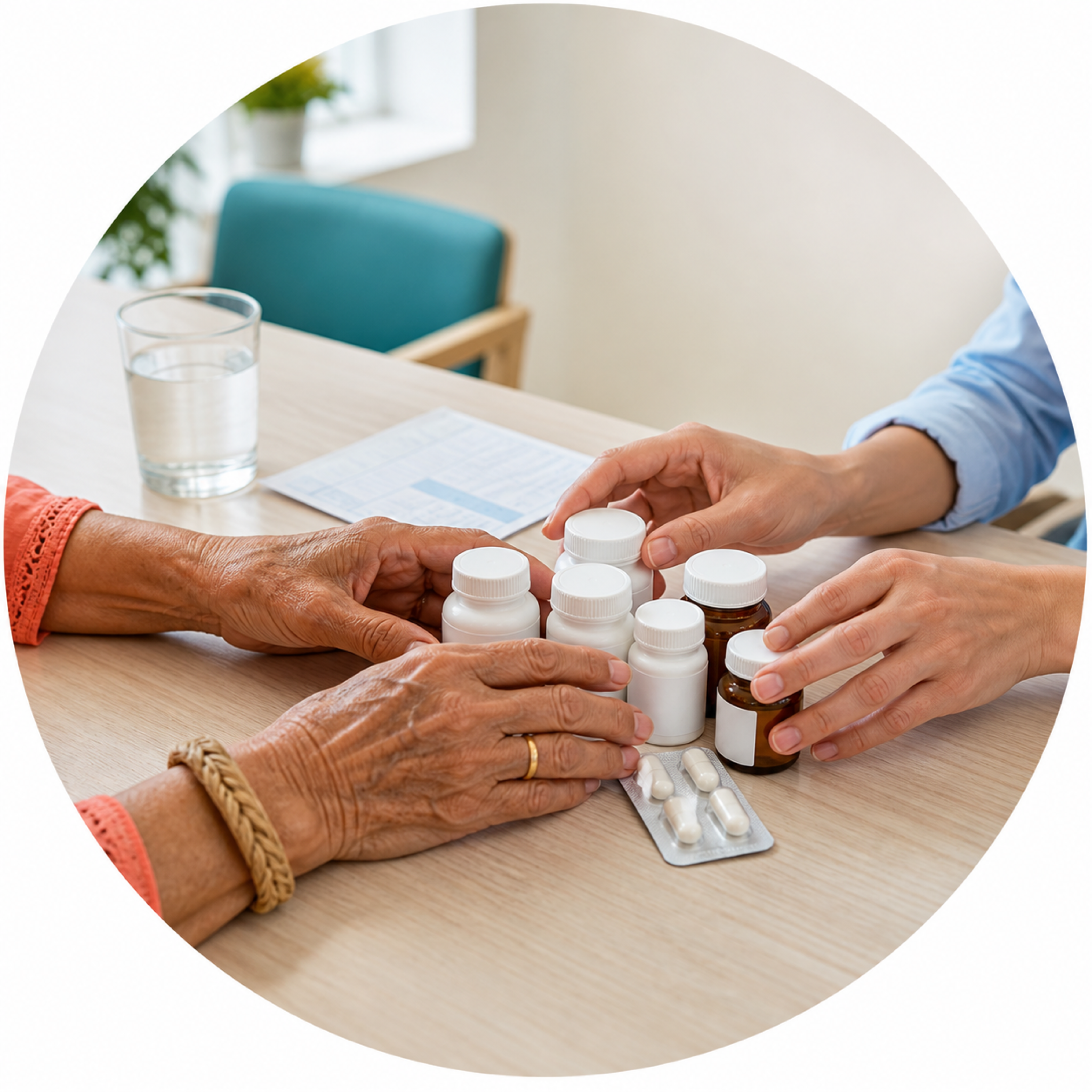 An older Filipino patient and a physician reviewing a table of supplement bottles together during a medication review