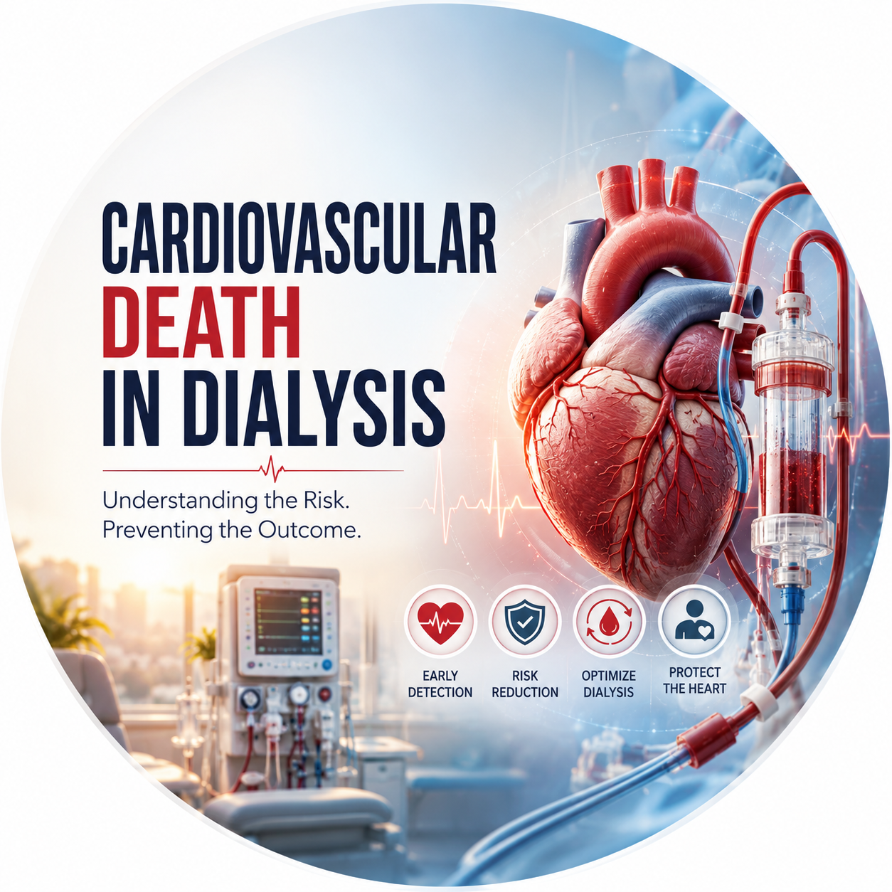 Circular vignette hero illustration for the cardiovascular death in dialysis guide.