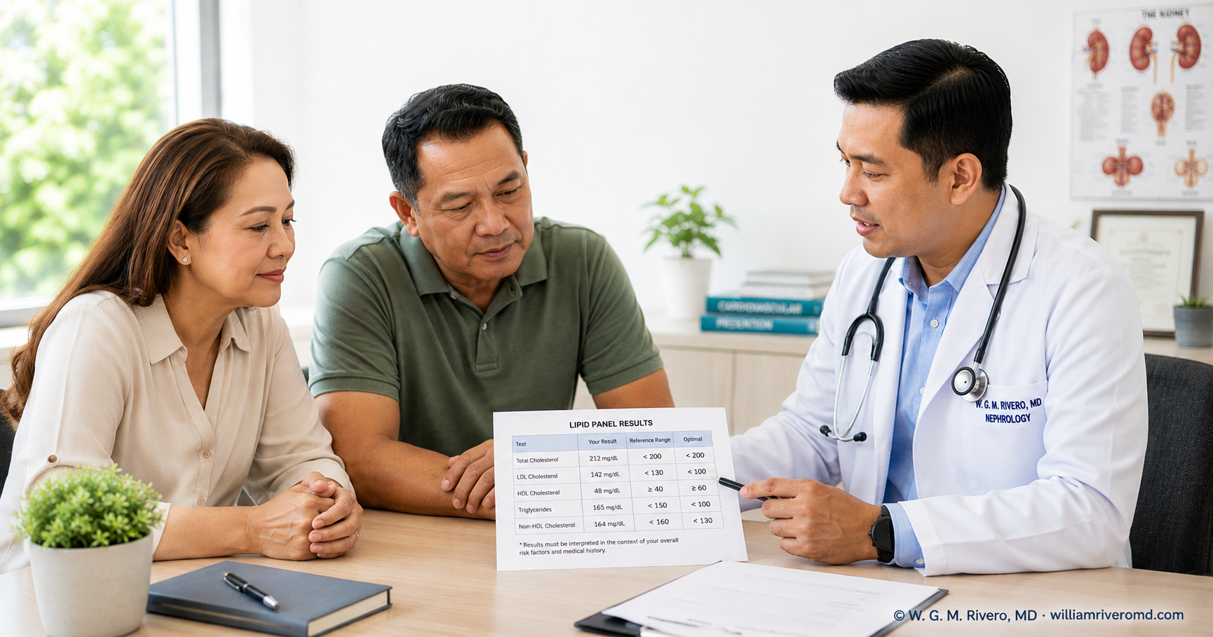 A Filipino nephrologist reviewing a lipid panel result with a middle-aged couple in a bright clinic — introducing cholesterol and the Filipino diet.