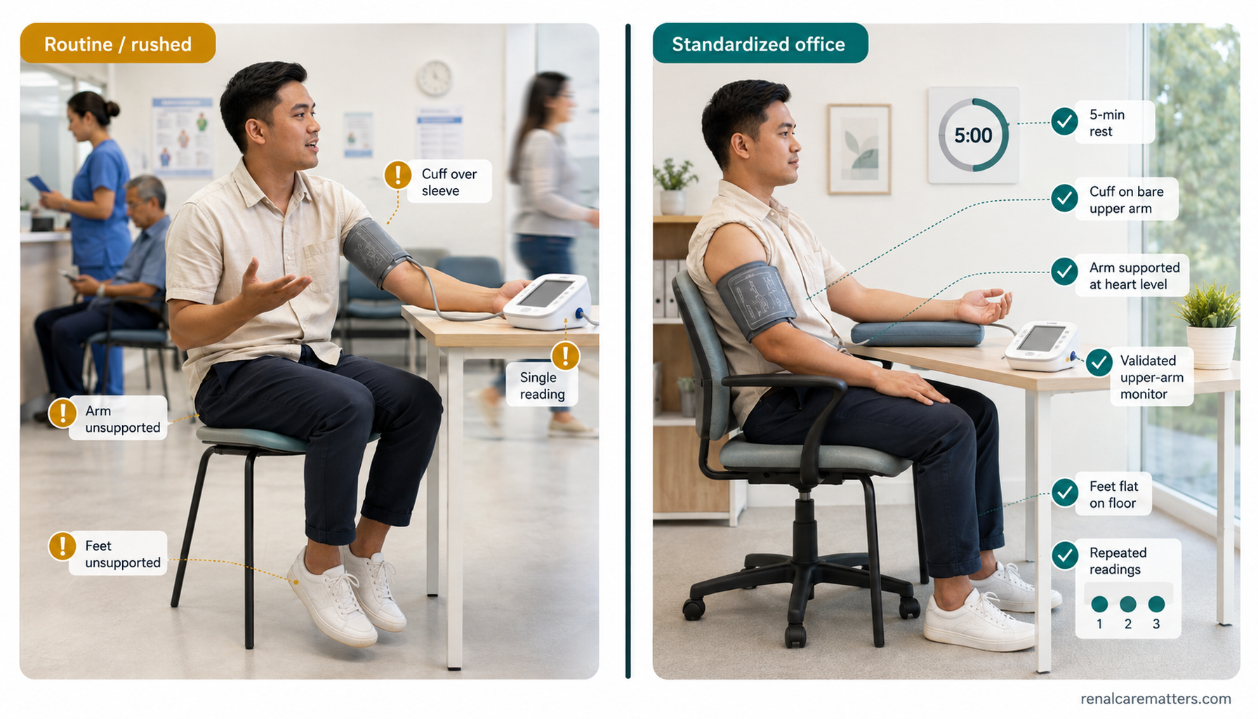 Two-panel comparison. Left: a rushed clinic reading — patient talking, feet unsupported, arm hanging, cuff over clothing, a single reading. Right: a quiet standardized office reading — a five-minute rest timer, back supported, feet flat, bare supported arm at heart level, correct cuff, repeated readings.