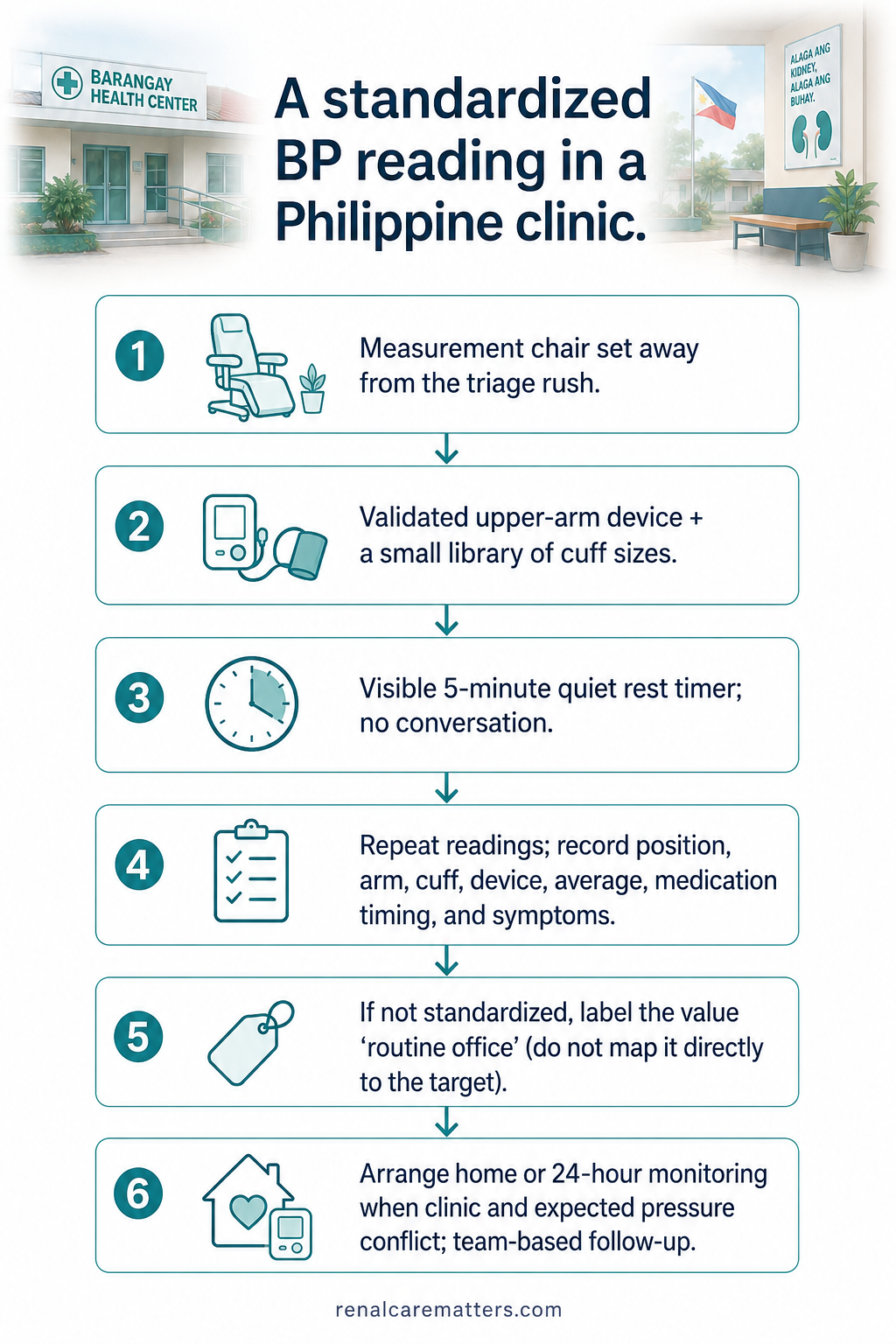 A low-resource standardized measurement workflow for a barangay health center: a measurement chair away from the queue, a validated upper-arm device, a visible five-minute timer, repeat quiet readings, and a record of arm, cuff, device, average, and symptoms.