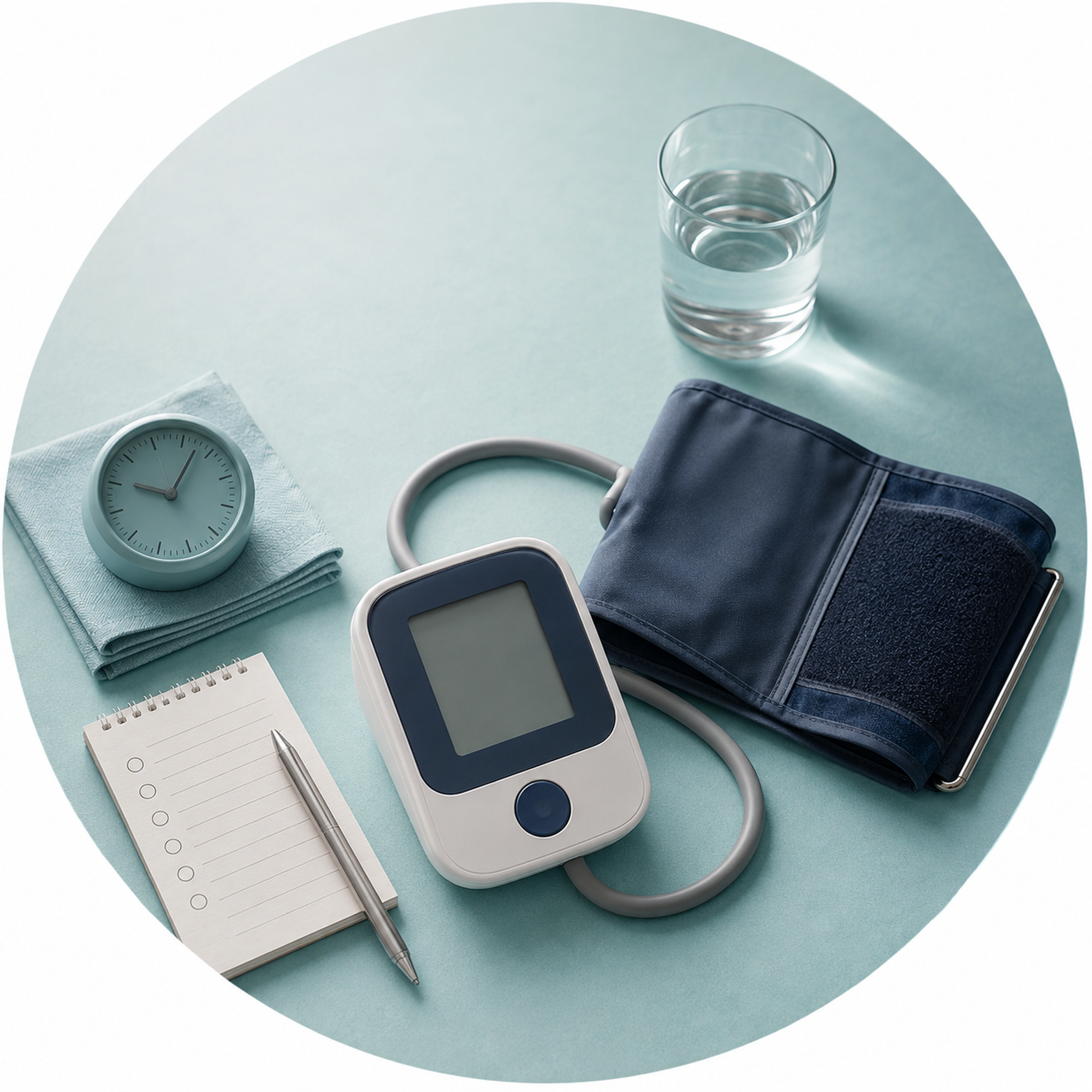 A calm Filipino patient and clinician reviewing a validated upper-arm blood-pressure cuff and a measurement checklist beside the number 120.