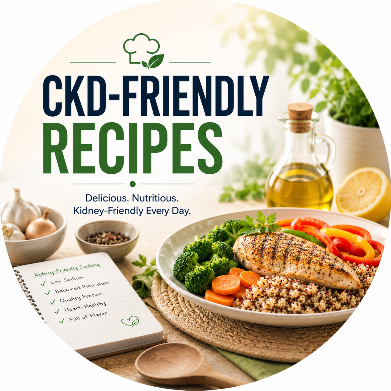 Circular vignette hero illustration for the CKD-friendly Filipino recipes guide.