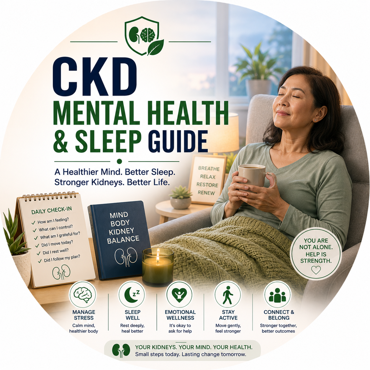 Circular vignette hero illustration for the CKD mental health and sleep guide.