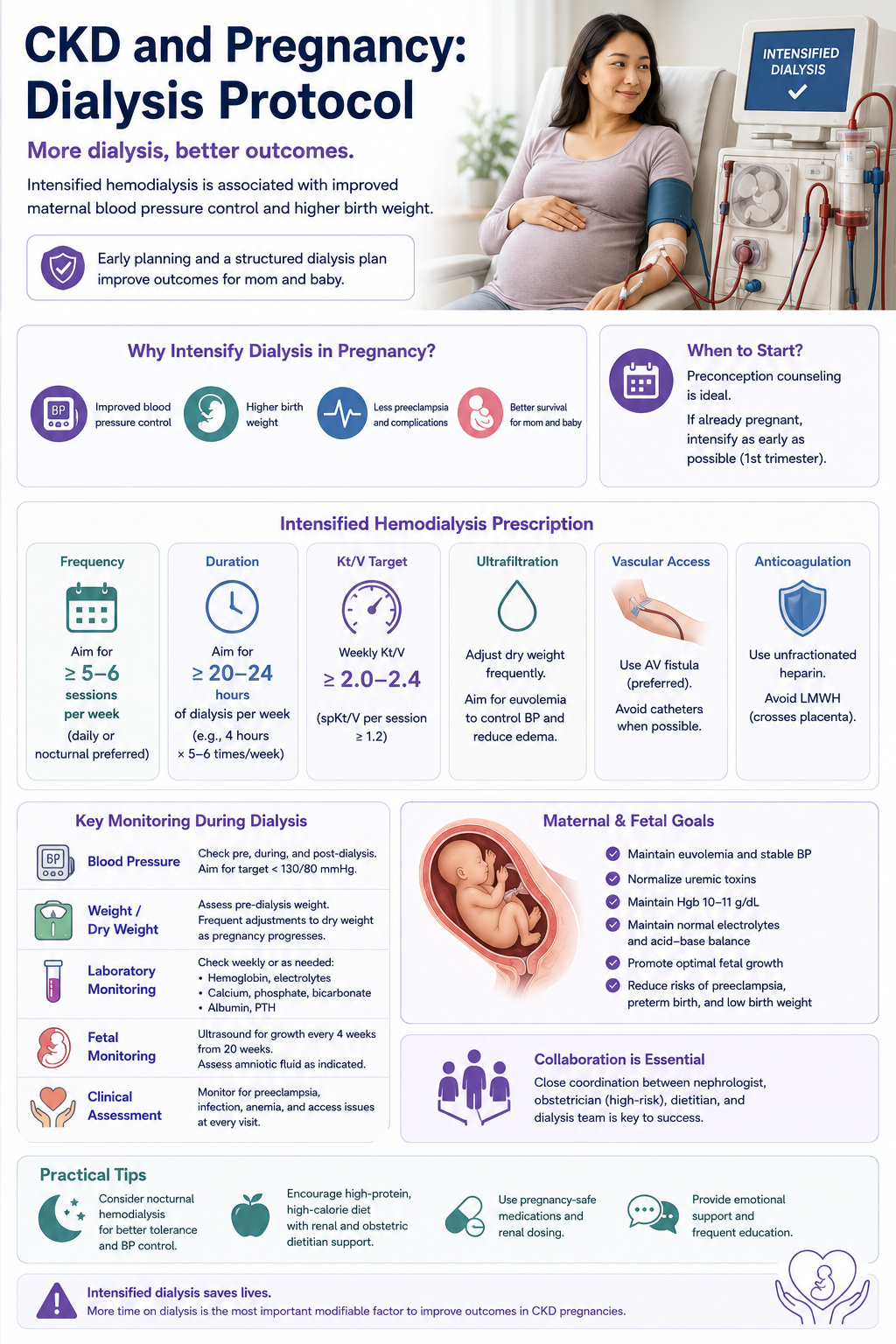 Intensive hemodialysis protocol for pregnant ESKD patients comparing standard 12 hours per week versus intensive 36 or more hours per week — fetal survival rises from 40% to 85%