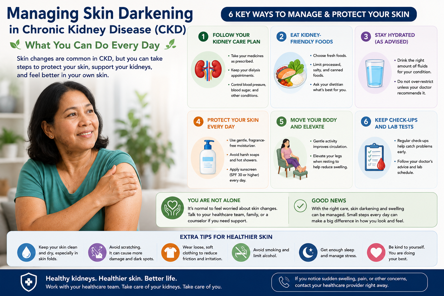 Six-step management of skin darkening in dialysis — patient education poster by W Rivero, MD
