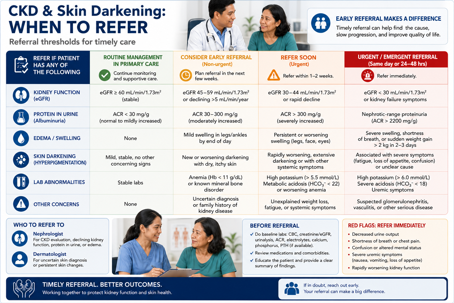 Referral thresholds and decision pathways for skin darkening in dialysis — algorithm by W Rivero, MD