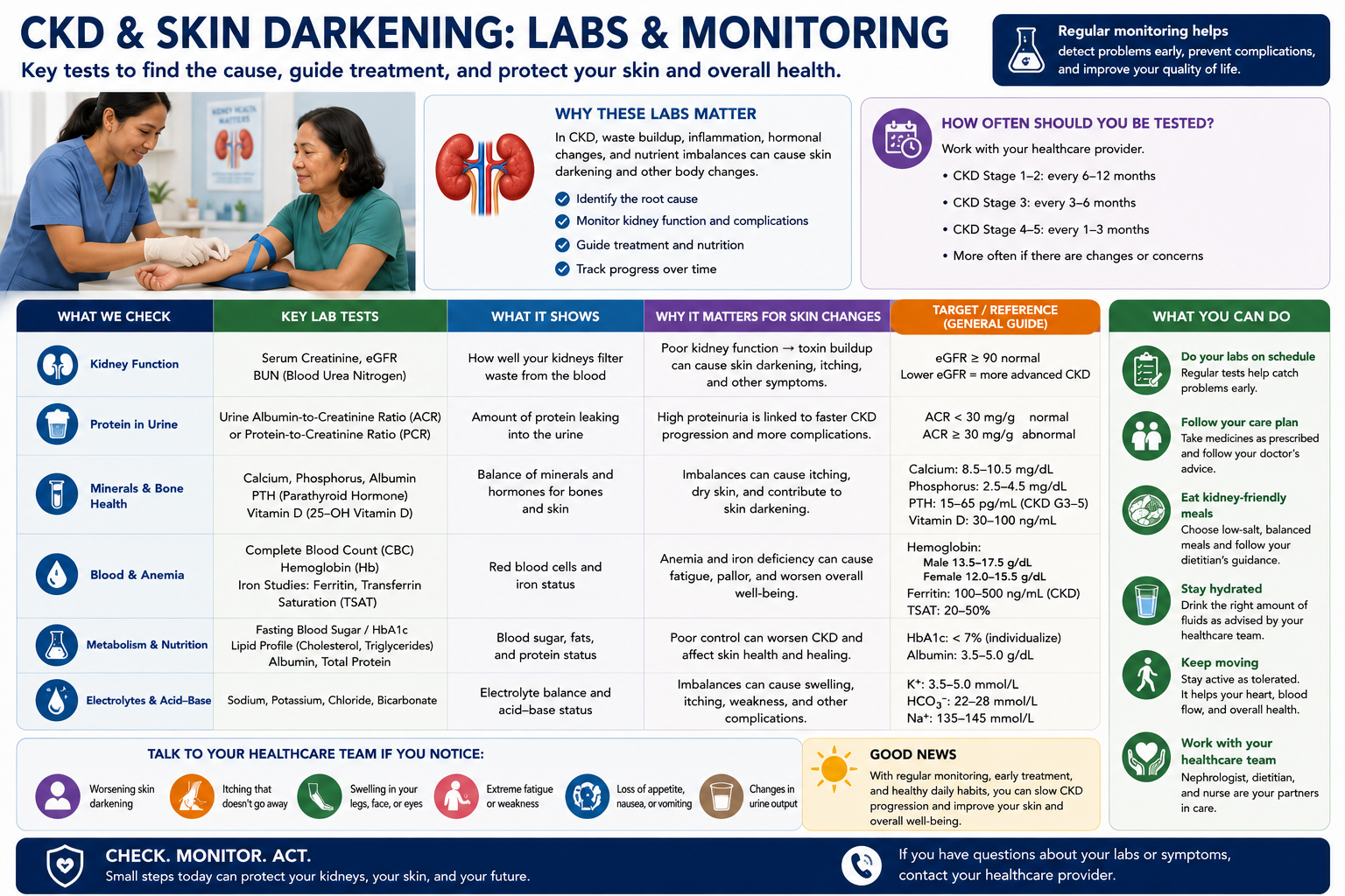 Laboratory targets with skin-specific rationale in CKD/HD — clinician reference by W Rivero, MD