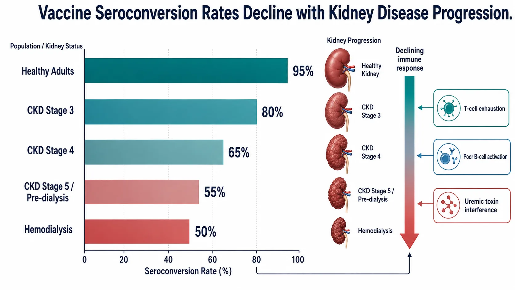 Graph showing vaccine seroconversion rates declining across CKD stages from healthy adults to dialysis patients