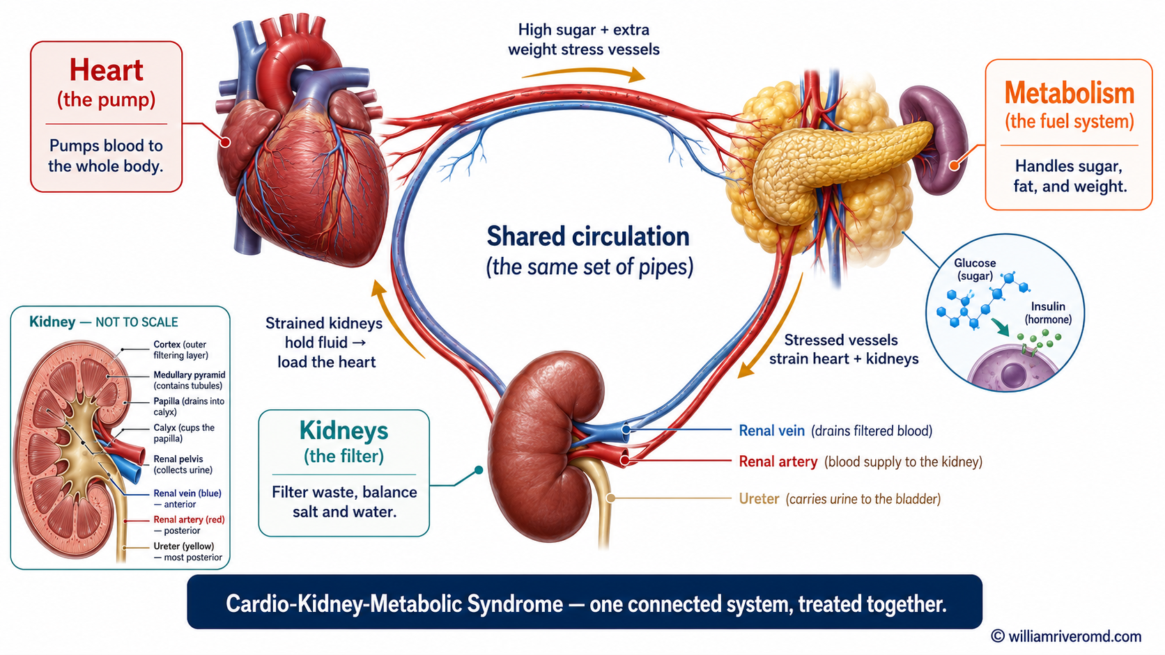 Diagram showing the heart, kidneys, and metabolism as one connected system in CKM syndrome