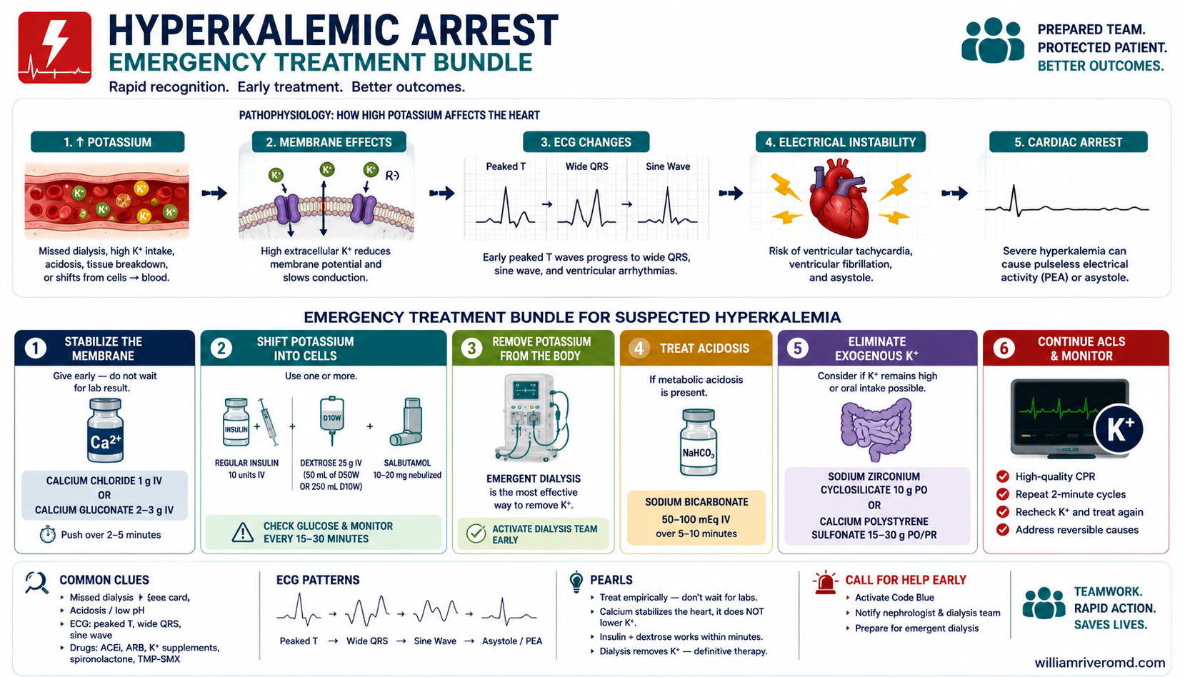 Hyperkalemic arrest treatment flow — stabilize with calcium gluconate, shift with insulin plus dextrose and salbutamol, remove with emergency dialysis against a low-potassium bath