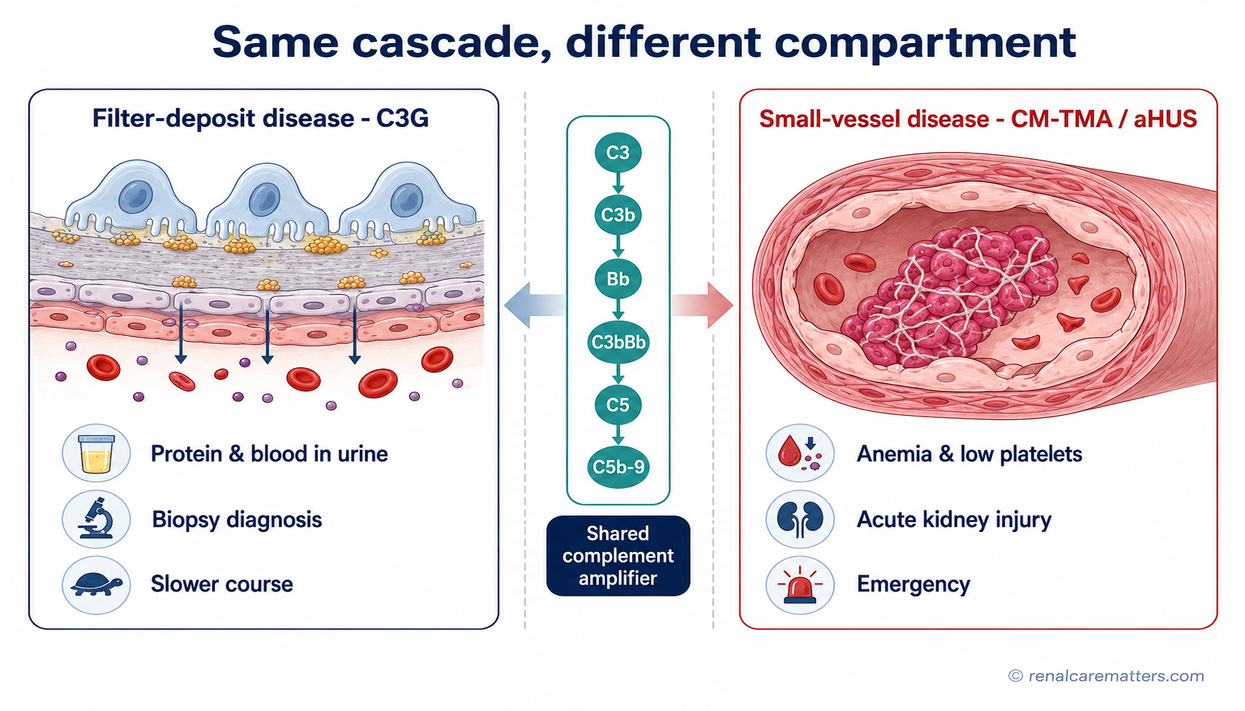 One shared complement cascade branching left toward complement fragments deposited in a glomerular filter wall, and right toward a swollen small blood vessel with platelet-rich microthrombi.