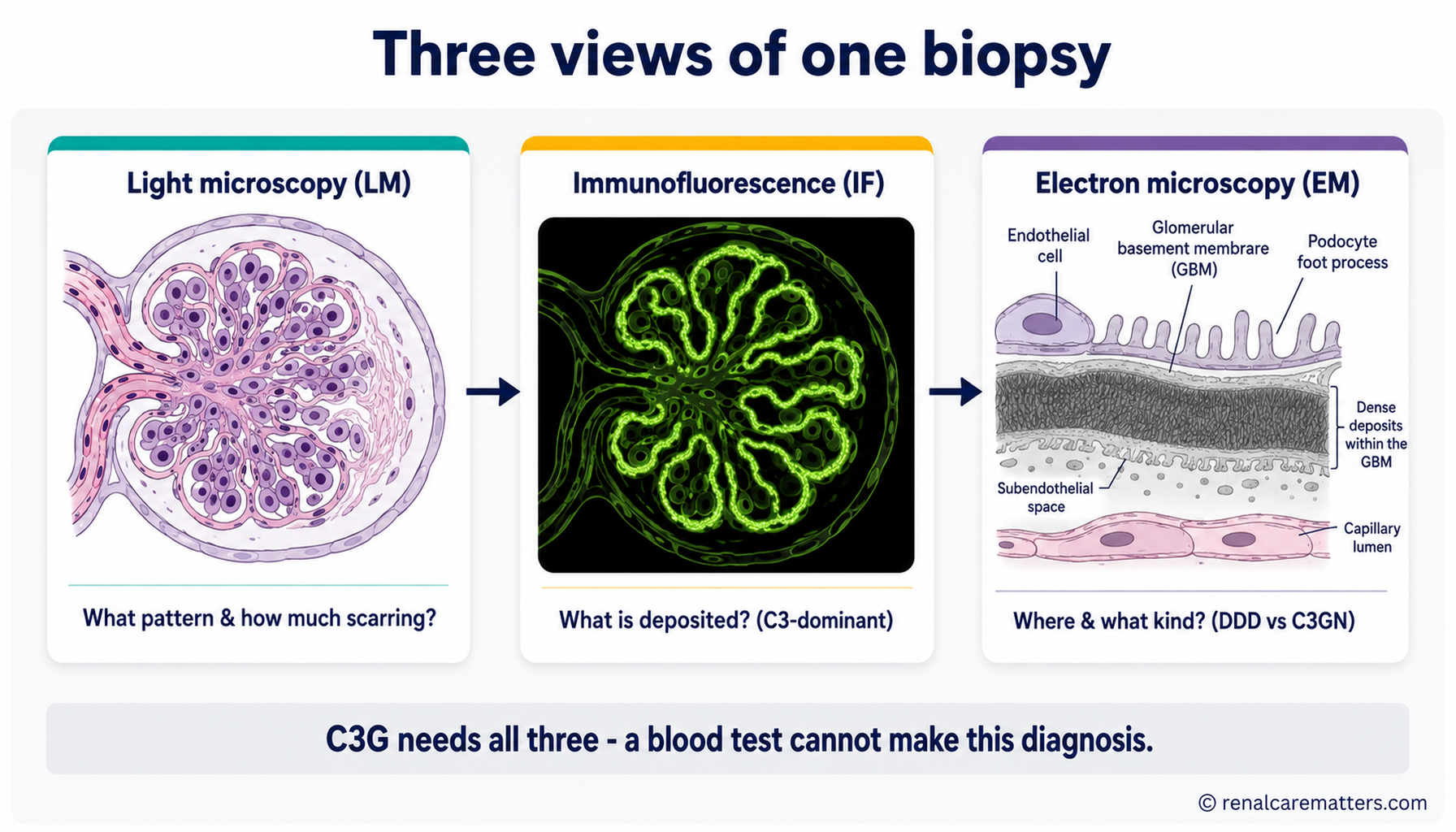 Three-panel educational illustration: light microscopy showing the injury pattern, immunofluorescence showing what is deposited, and electron microscopy showing where and what kind of deposits — each answering a different question.