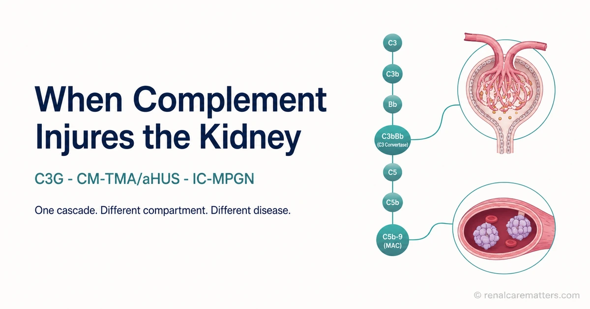 One complement cascade dividing toward a glomerular filter and a small blood vessel — complement-mediated kidney disease guide by W Rivero, MD