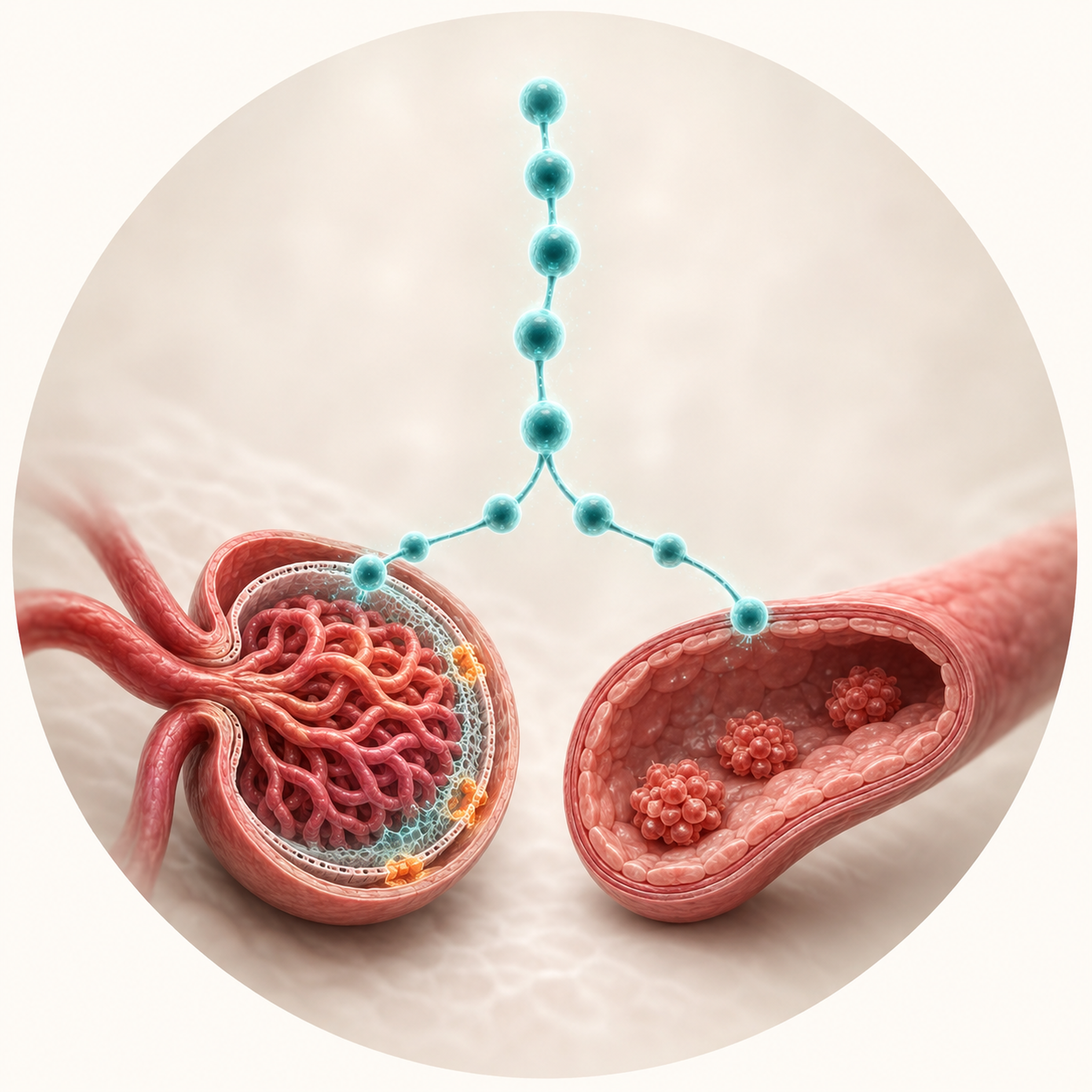 Circular vignette: one complement cascade dividing toward a kidney filter and a small blood vessel — calm medical editorial illustration.
