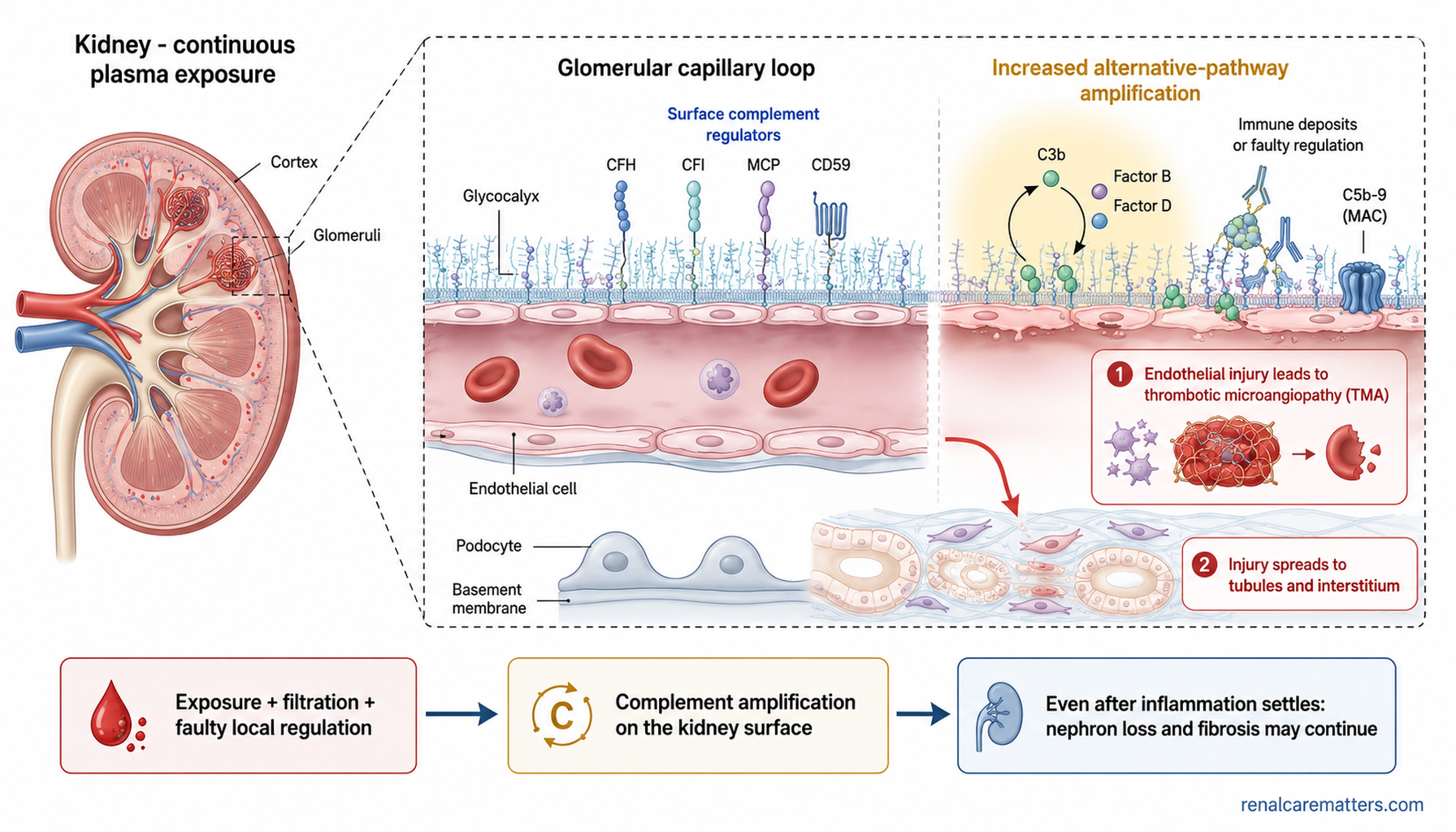 Kidney to glomerulus to tubulointerstitium view showing where plasma complement is filtered and where injury amplifies