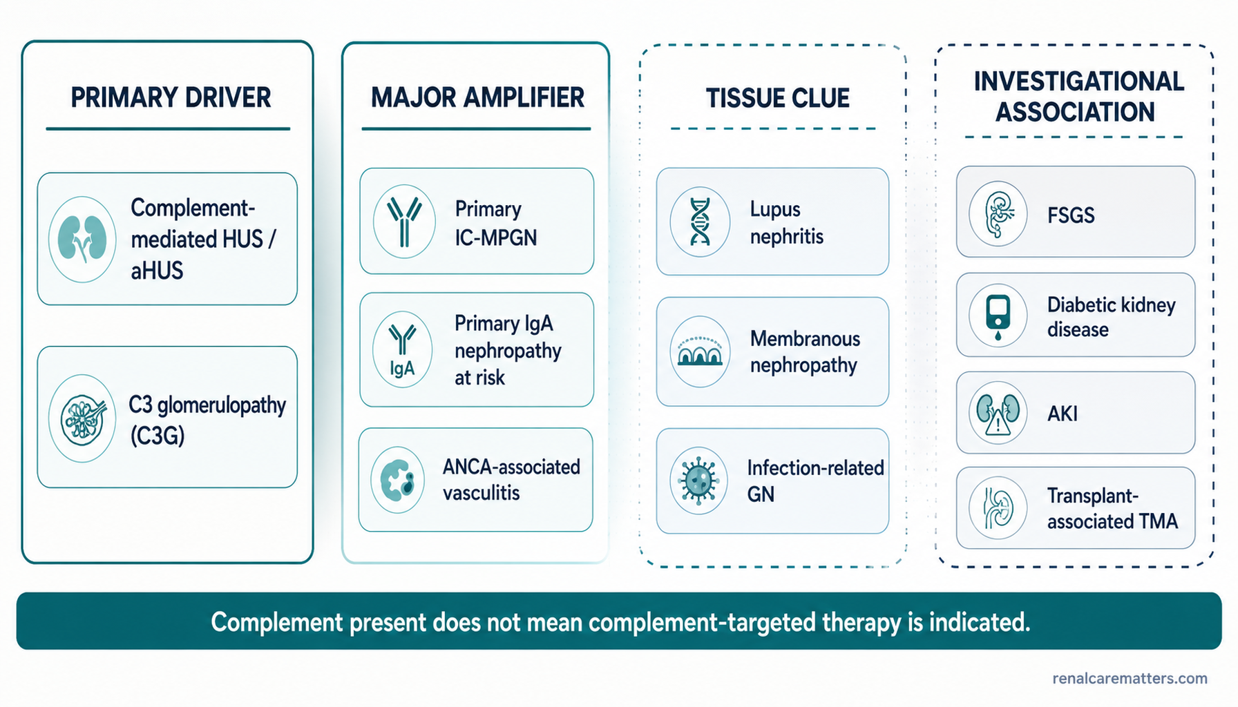 Four-zone evidence spectrum from primary driver to investigational association, with kidney diseases placed by strength of the complement-targeting evidence