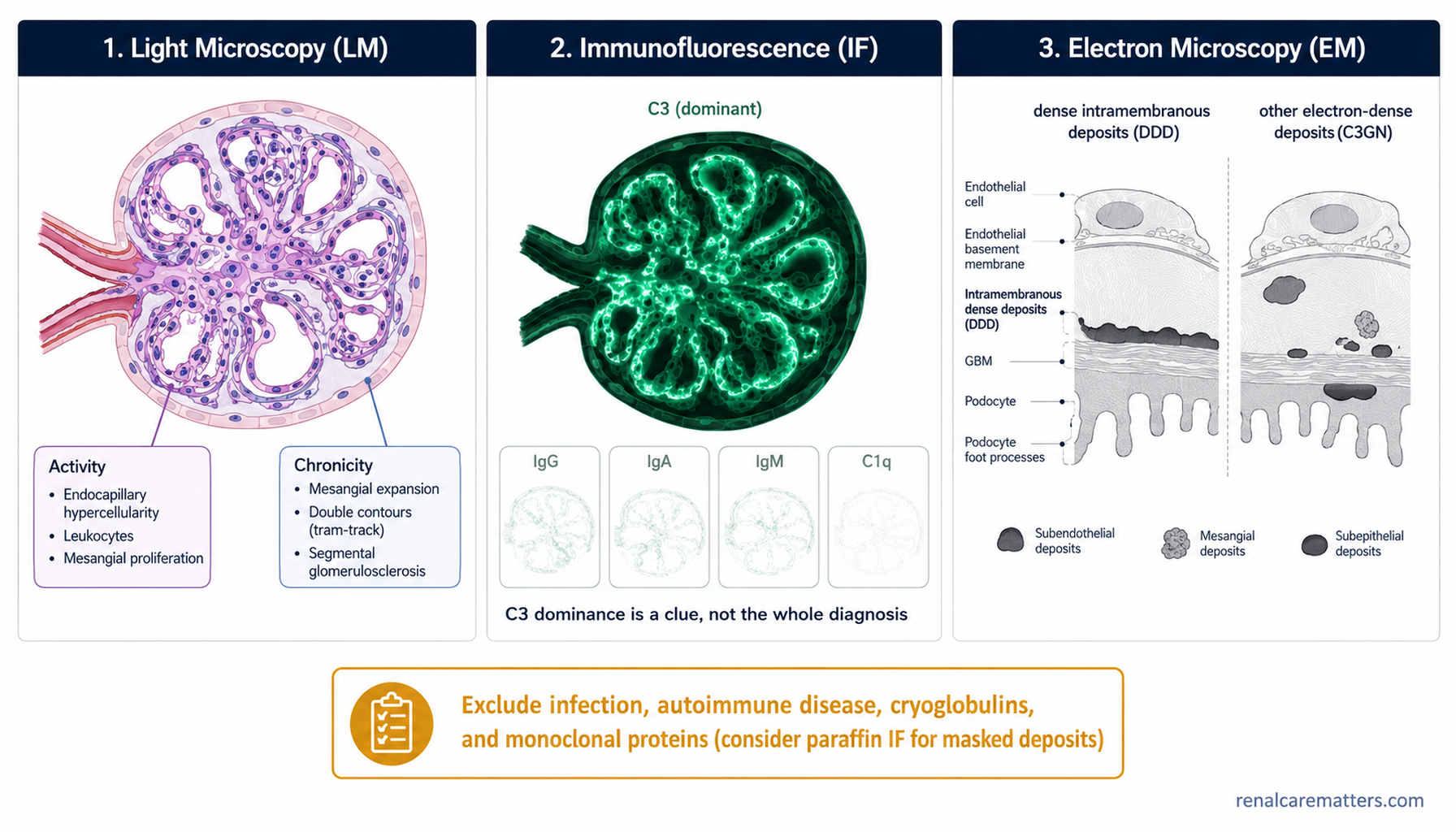 Three-panel biopsy view — light microscopy MPGN pattern, immunofluorescence with bright C3, and electron microscopy deposits — teaching that C3 dominance is a clue, not the whole diagnosis