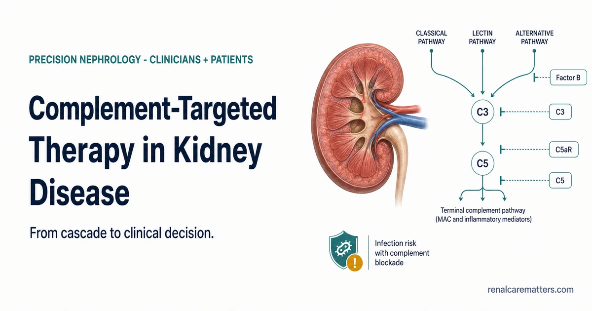 Complement cascade converging on C3 and C5 beside a kidney, with blockade points and an infection-risk caution — clinician guide by W Rivero, MD