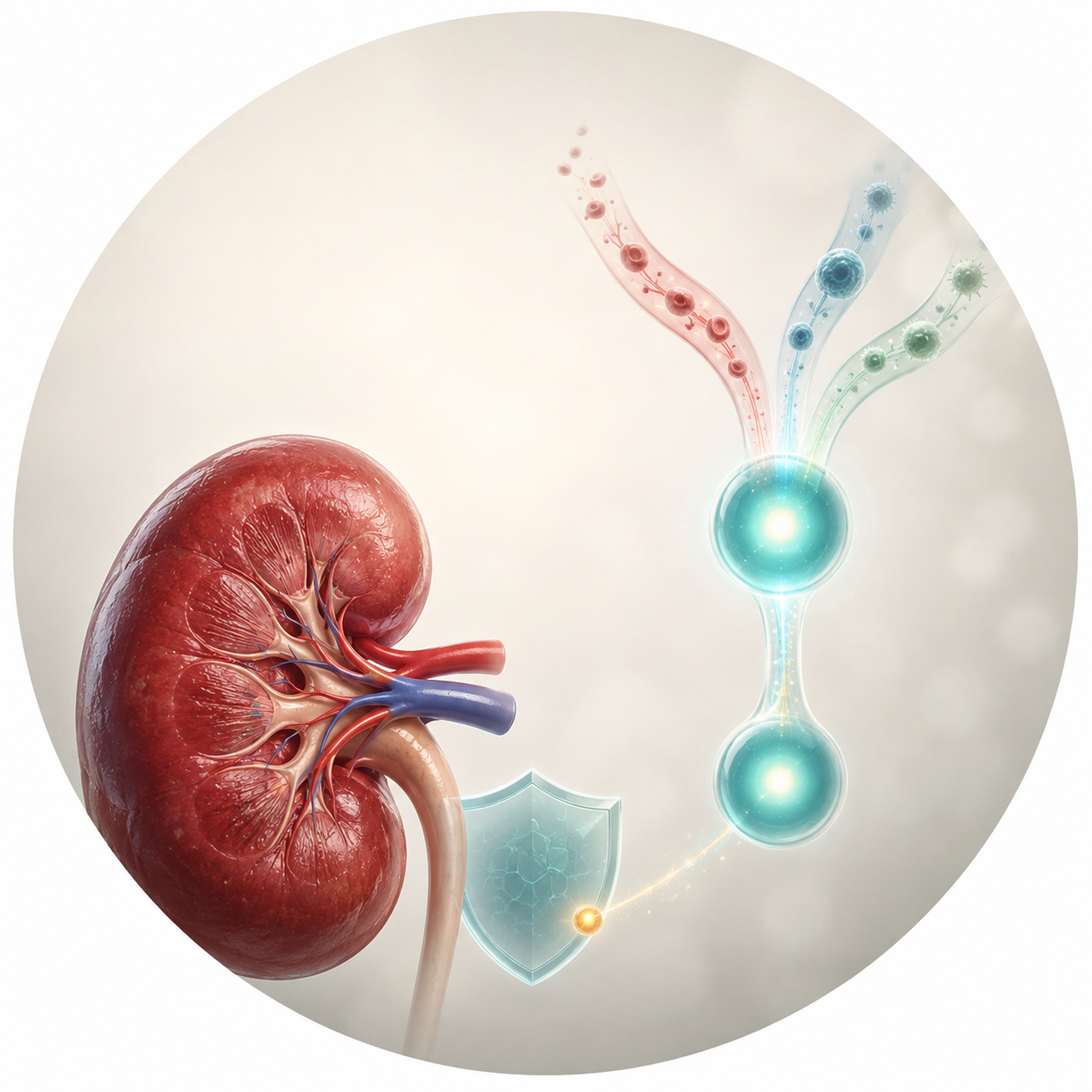 Circular vignette hero illustration: a kidney beside a simplified complement cascade converging on C3 and C5, with a small infection-risk shield.