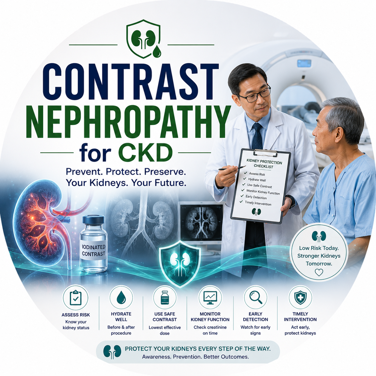 Circular vignette hero illustration for the contrast-induced nephropathy guide.