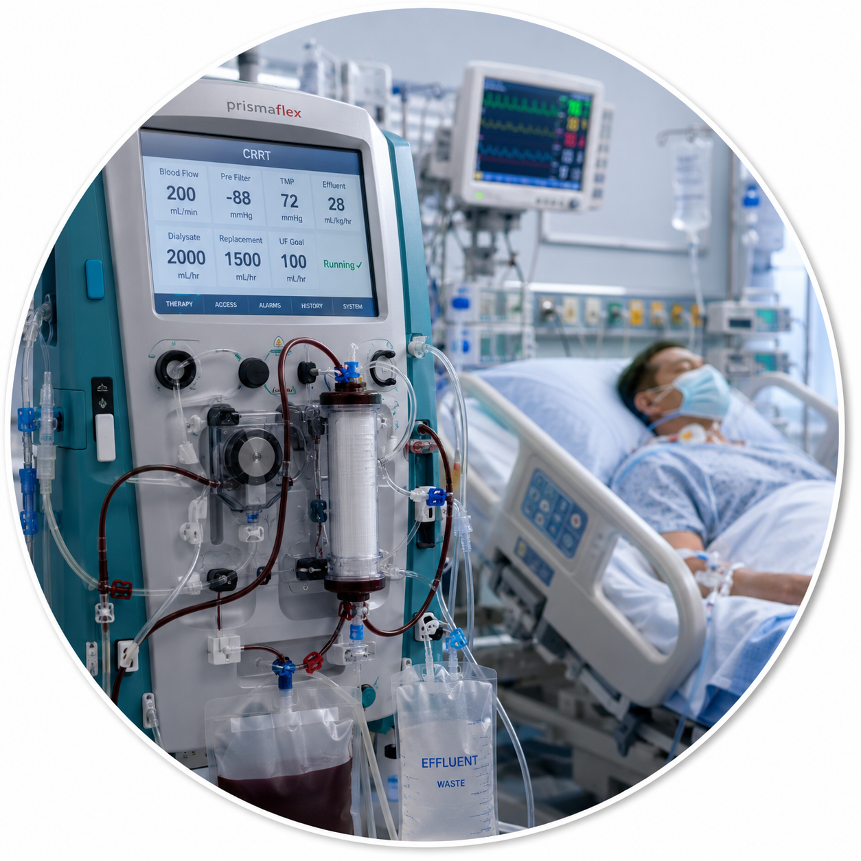 A CRRT machine at the ICU bedside — the Prismaflex screen shows live blood flow, pre-filter pressure, TMP, and effluent readouts, with the hollow-fiber filter and blood/effluent bags below, and the sedated patient resting behind it.