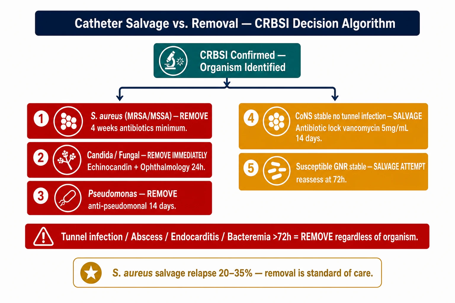 Catheter salvage vs removal decision algorithm — CoNS salvage with antibiotic lock, S. aureus and fungal remove, organism-based branches