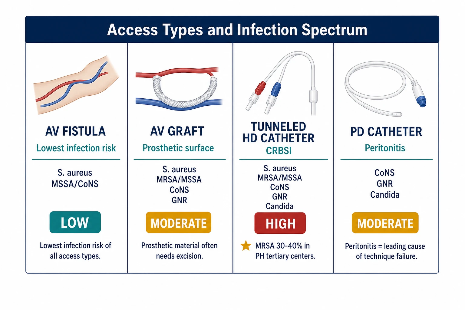 Four-panel comparison of dialysis access types, infection spectrum, organisms, and mortality — AVF, AVG, tunneled catheter, PD catheter
