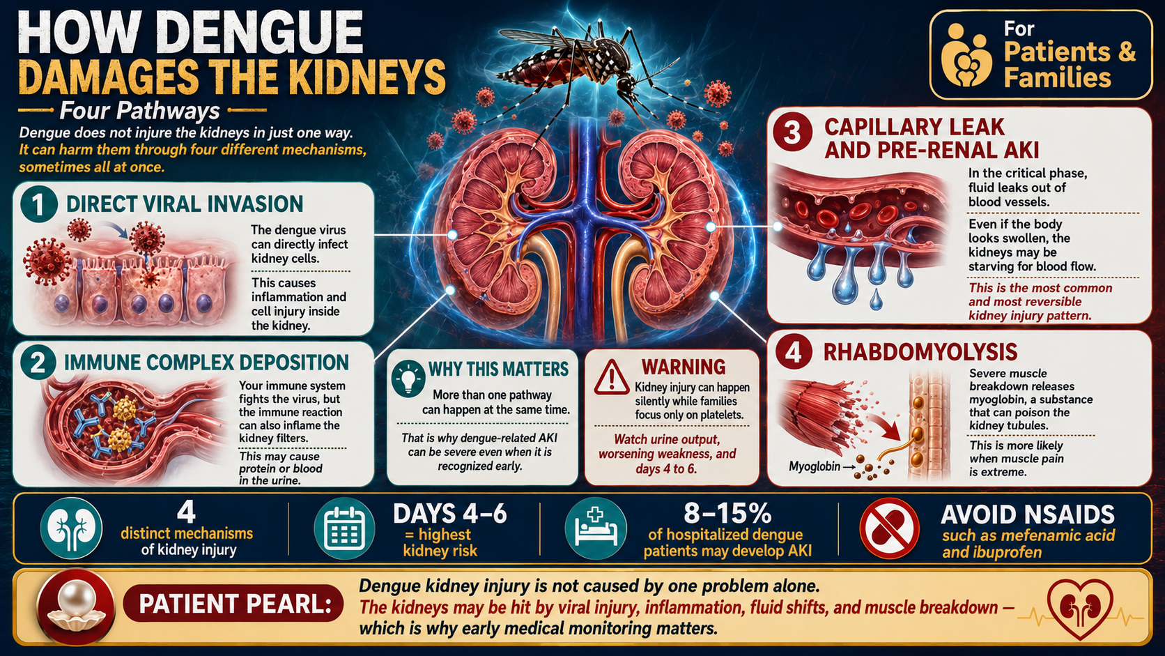 Dengue AKI four-pathway mechanism — direct viral infection, immune complex deposition, capillary leak pre-renal AKI, and rhabdomyolysis tubular toxicity · williamriveromd.com