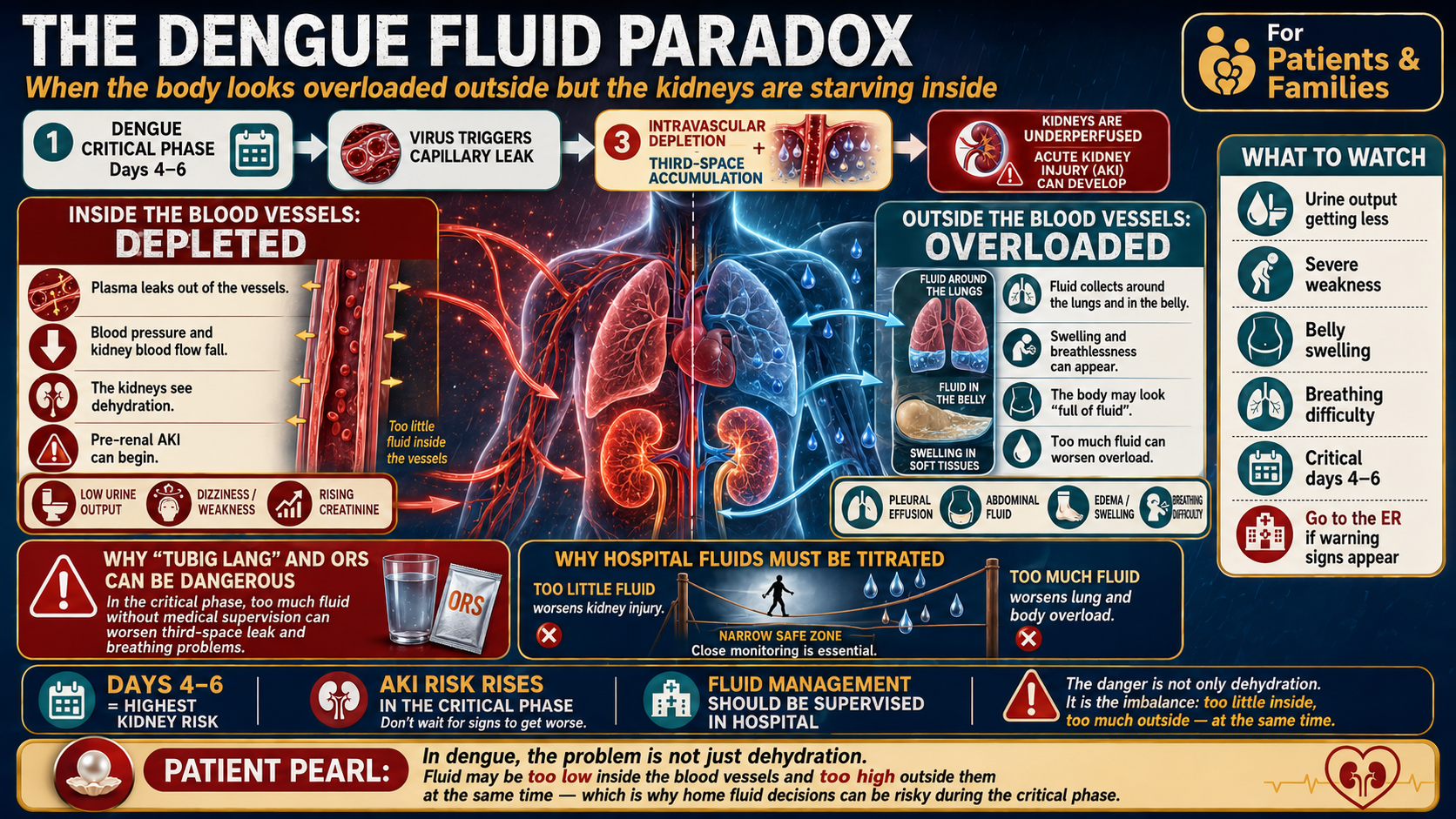 The dengue fluid paradox — intravascular depletion alongside third-space fluid accumulation; why IV fluids must be carefully titrated in dengue AKI · williamriveromd.com