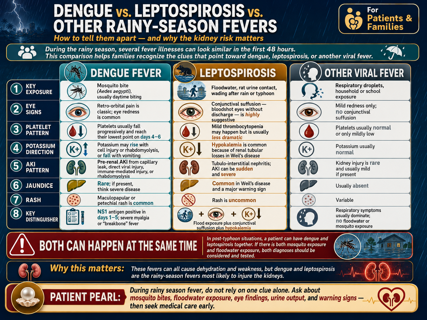 Dengue vs. leptospirosis vs. other rainy season fevers — three-column comparison of key distinguishing features for Filipino patients · williamriveromd.com