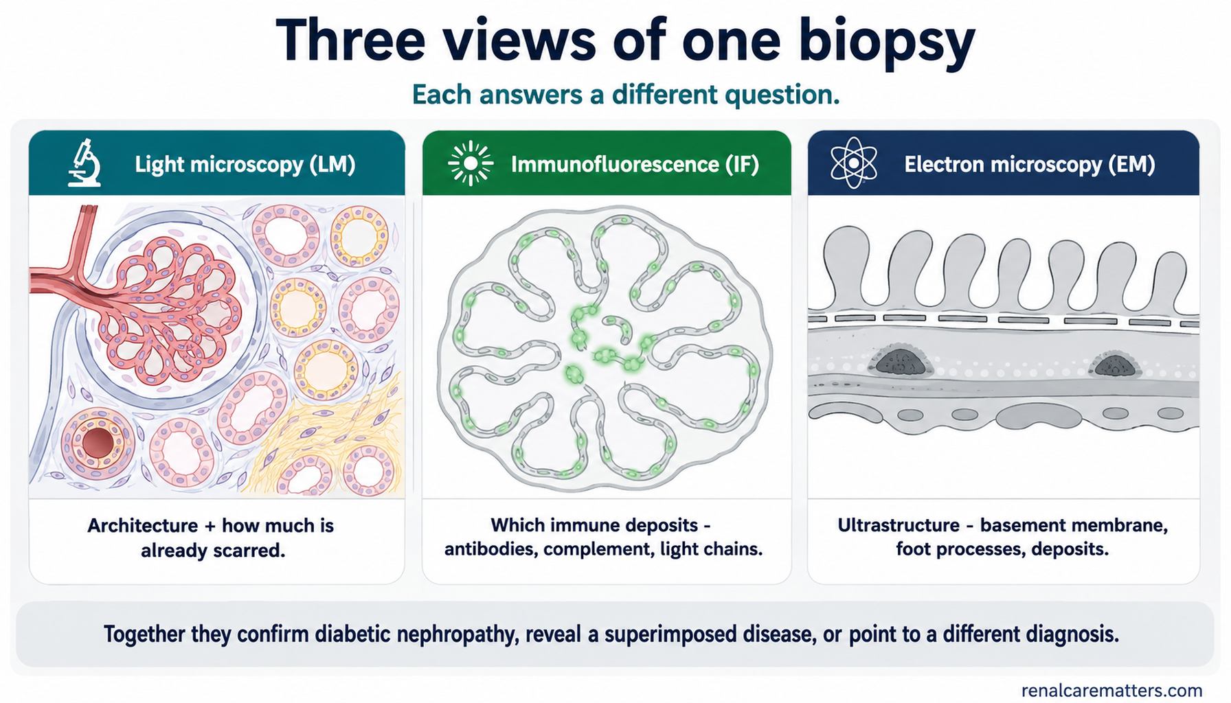 Educational triptych of the three ways a kidney biopsy is read — light microscopy for architecture and scarring, immunofluorescence for immune deposits, and electron microscopy for ultrastructure such as the glomerular basement membrane and podocyte foot processes.