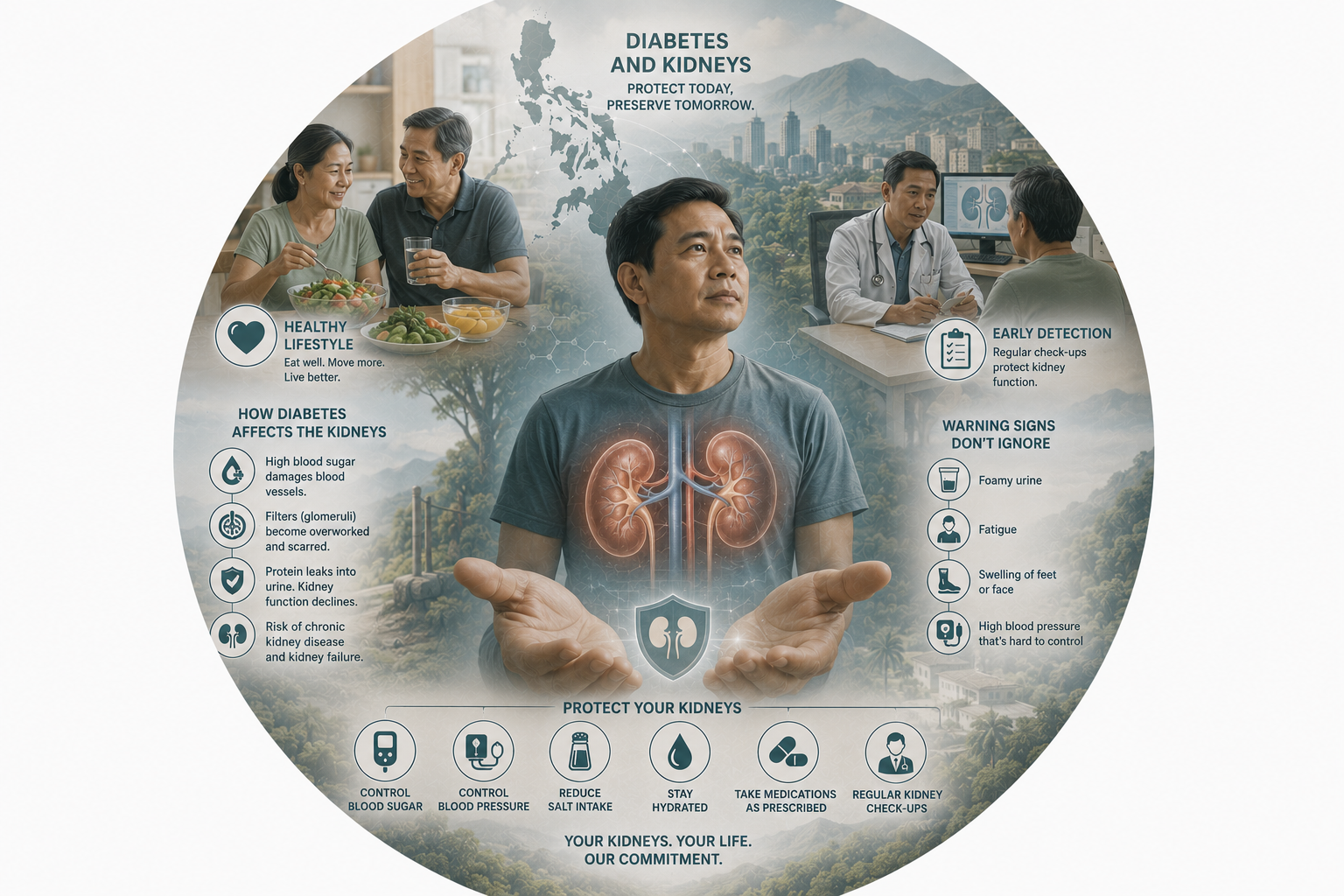 Circular vignette hero illustration for the diabetes and kidney disease guide.