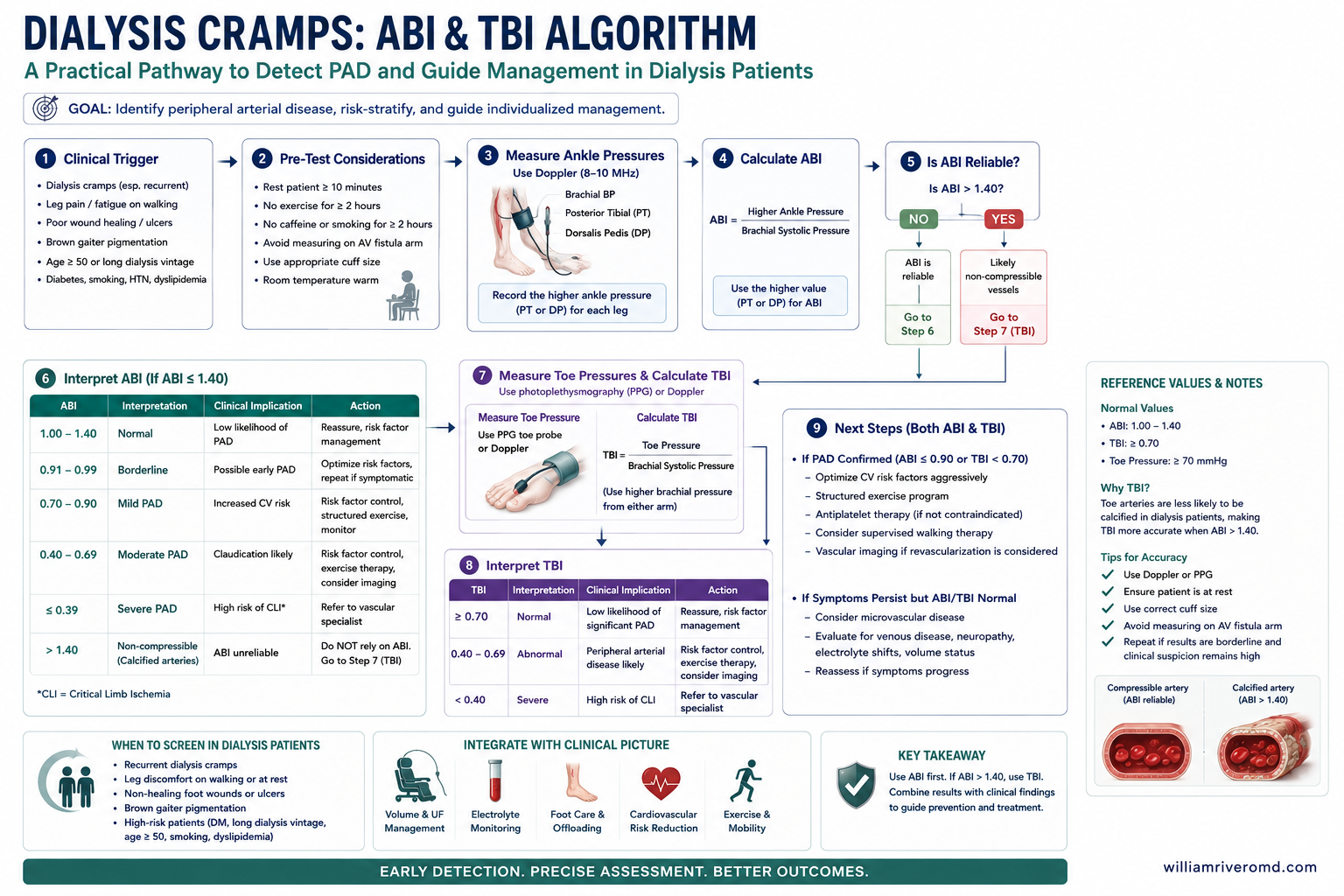 Portrait clinical algorithm for the vascular safety gate in the cramp-and-pigment DM-CKD patient — ABI, TBI, and TcPO₂ sequenced before any compression therapy, with multidisciplinary-referral routing.